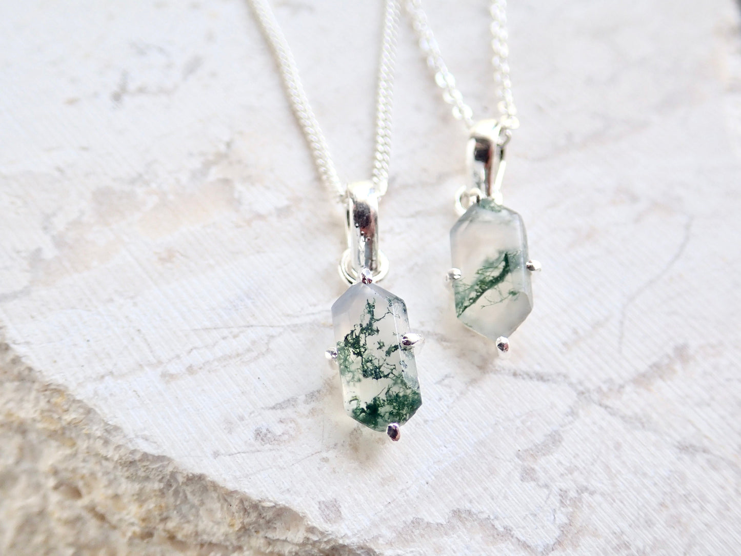 Moss Agate Necklace Silver Fill - Dainty Gemstone Necklace - Hexagon Crystal Pendant