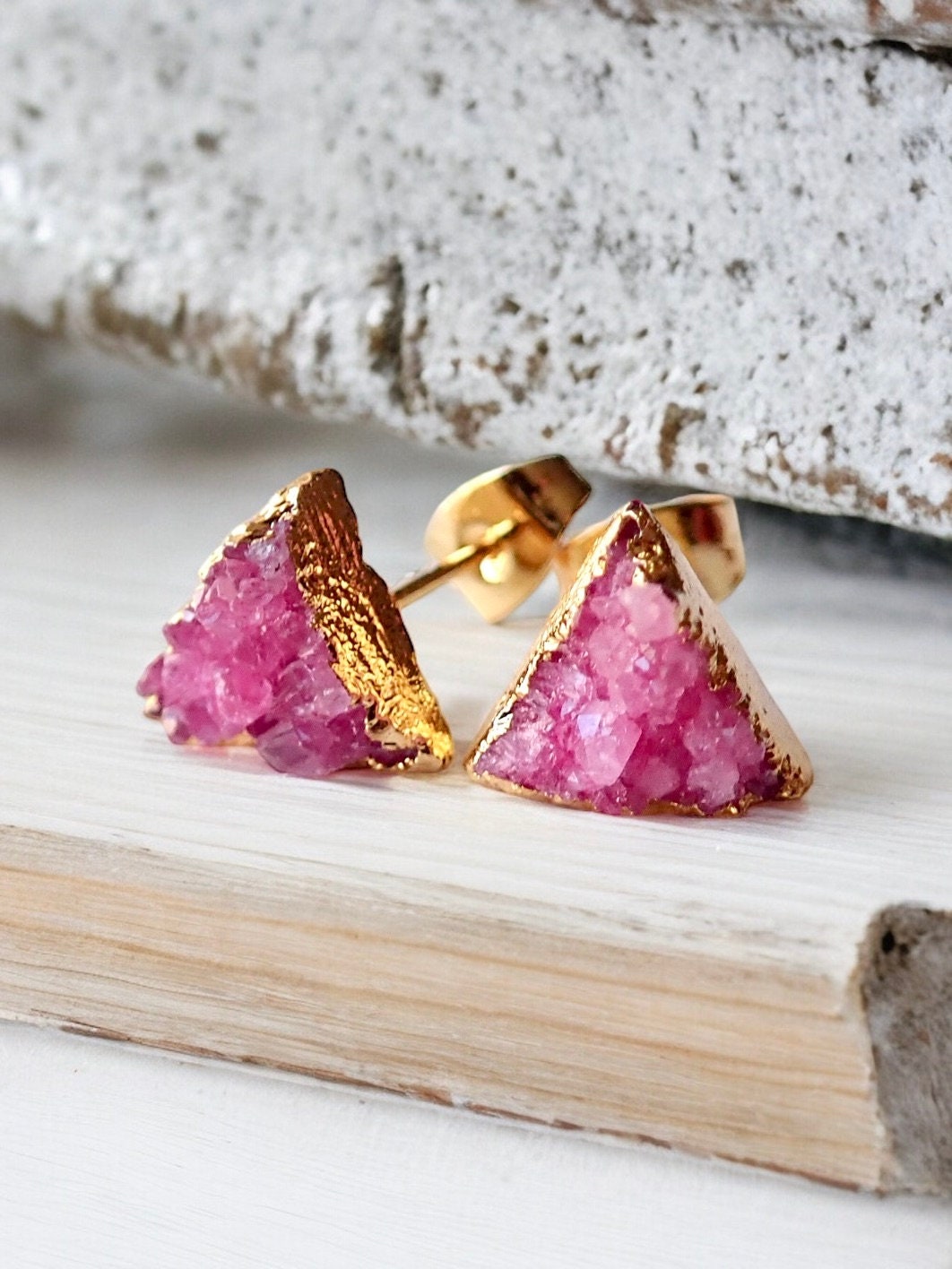 PinkTriangle Druzy Studs – Crystal Earrings with 14k Gold Electroplate
