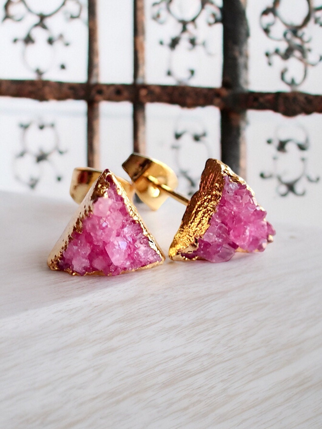 PinkTriangle Druzy Studs – Crystal Earrings with 14k Gold Electroplate