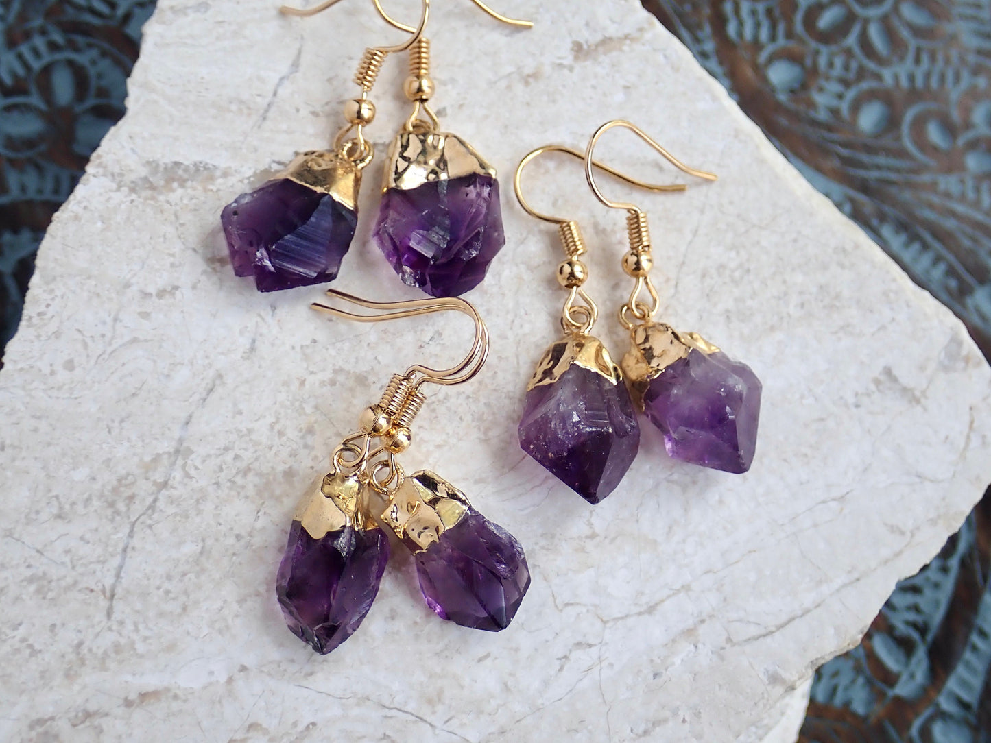 Raw Amethyst Crystal Drop Earrings – Electroplated in 14k Gold or Silver | Unique Brazilian Amethyst