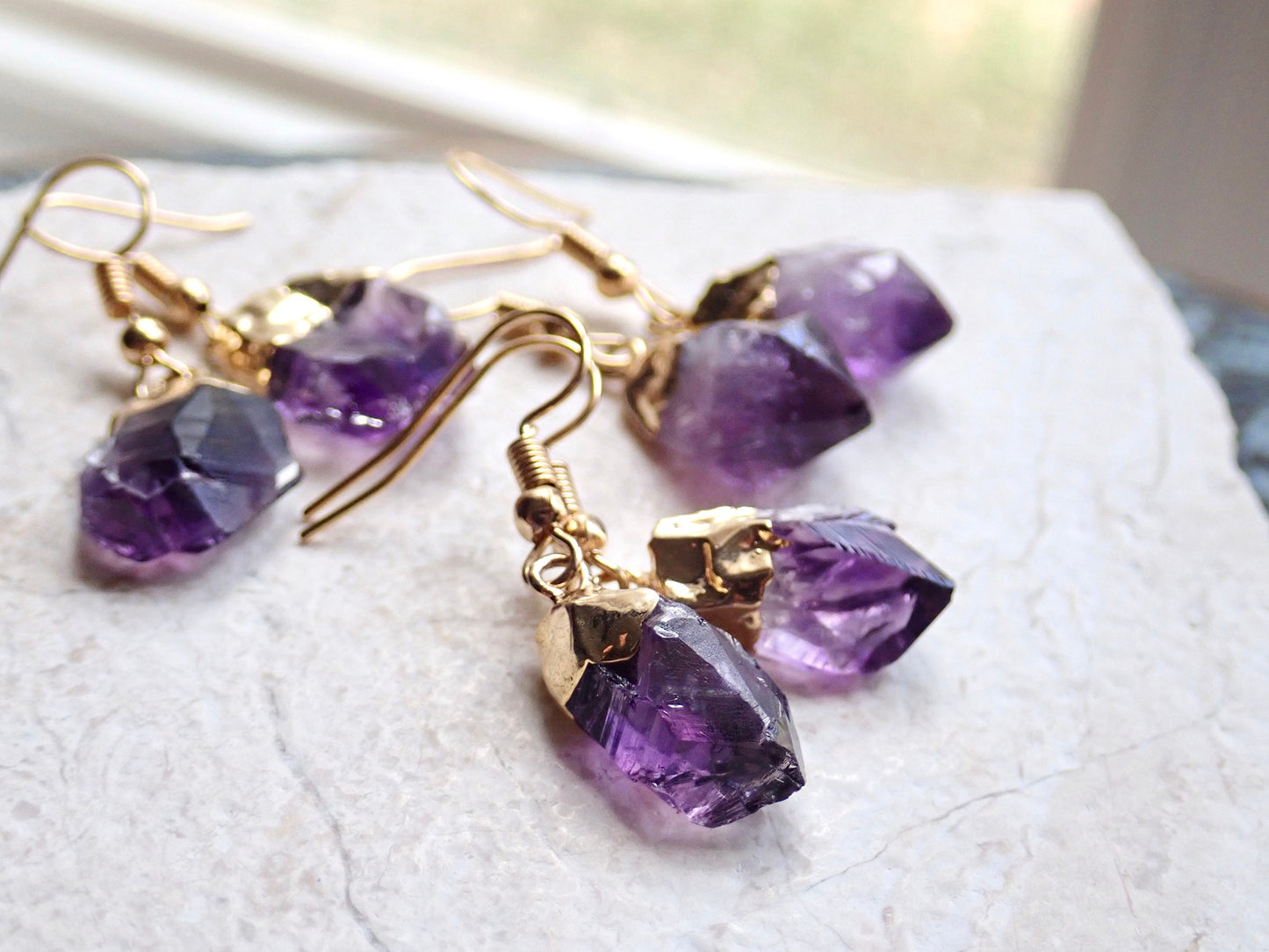 Raw Amethyst Crystal Drop Earrings – Electroplated in 14k Gold or Silver | Unique Brazilian Amethyst