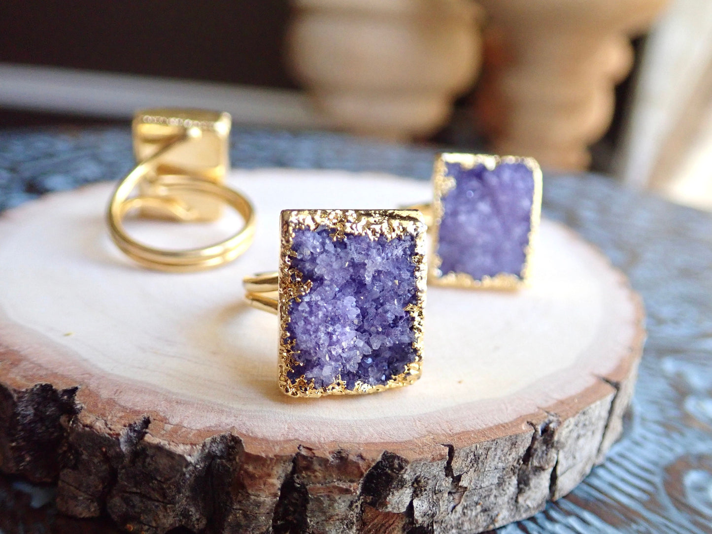 Rectangular Purple Druzy Statement Ring – Electroplated in 14k Gold, Bold & Unique Gemstone Jewelry