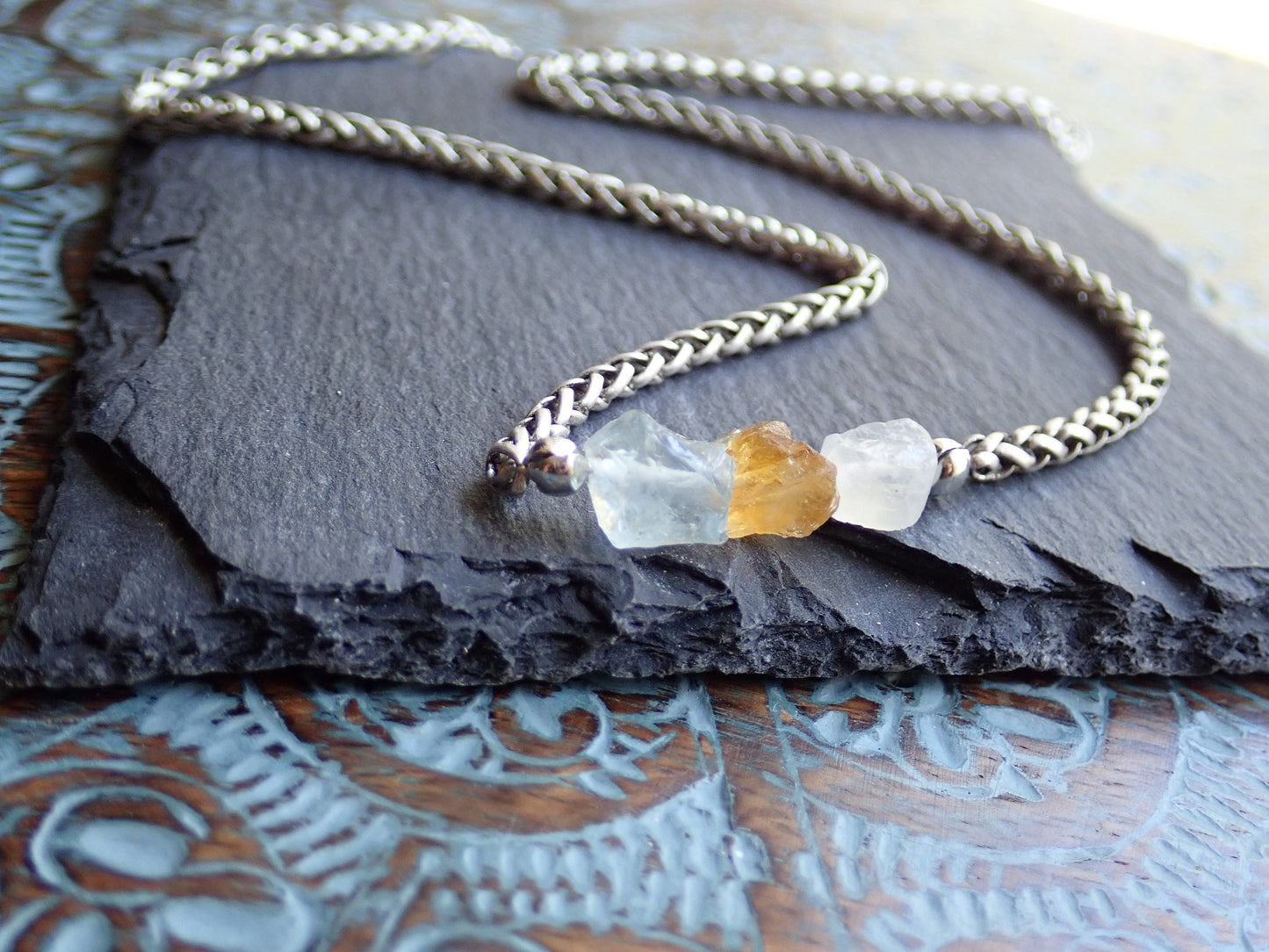 Custom Men’s Birthstone Necklace – Family Gemstones on Rugged Stainless Steel Wheat Chain