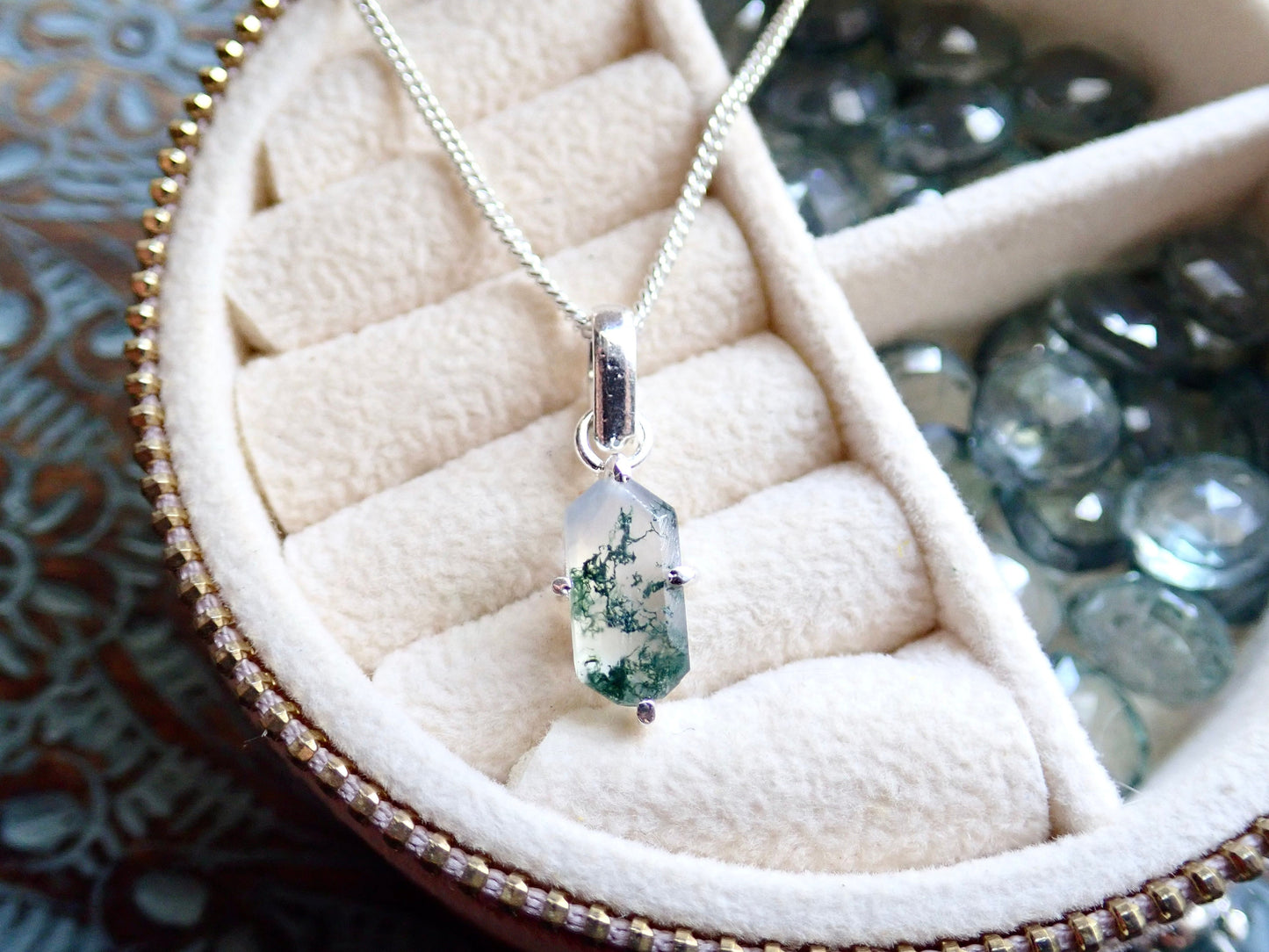 Moss Agate Necklace Silver Fill - Dainty Gemstone Necklace - Hexagon Crystal Pendant