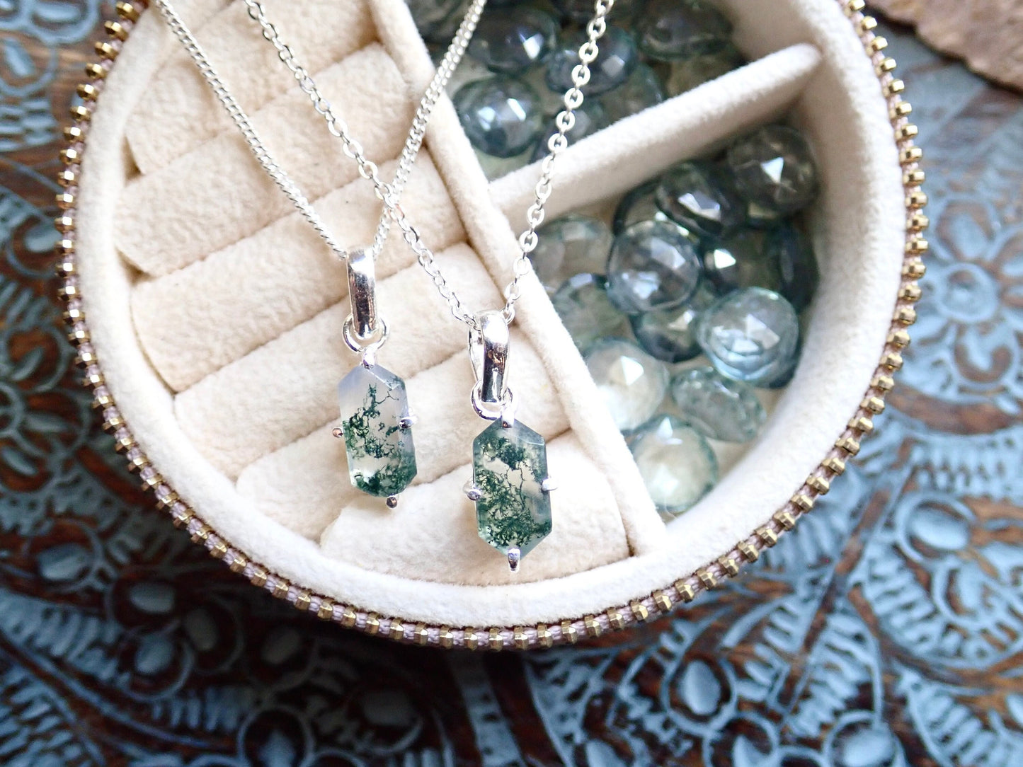 Moss Agate Necklace Silver Fill - Dainty Gemstone Necklace - Hexagon Crystal Pendant