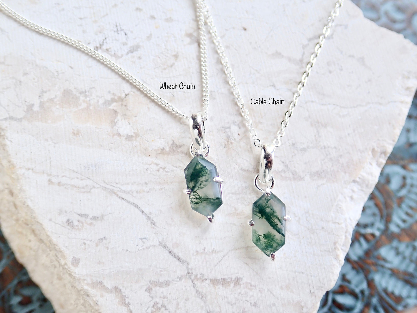 Moss Agate Necklace Silver Fill - Dainty Gemstone Necklace - Hexagon Crystal Pendant
