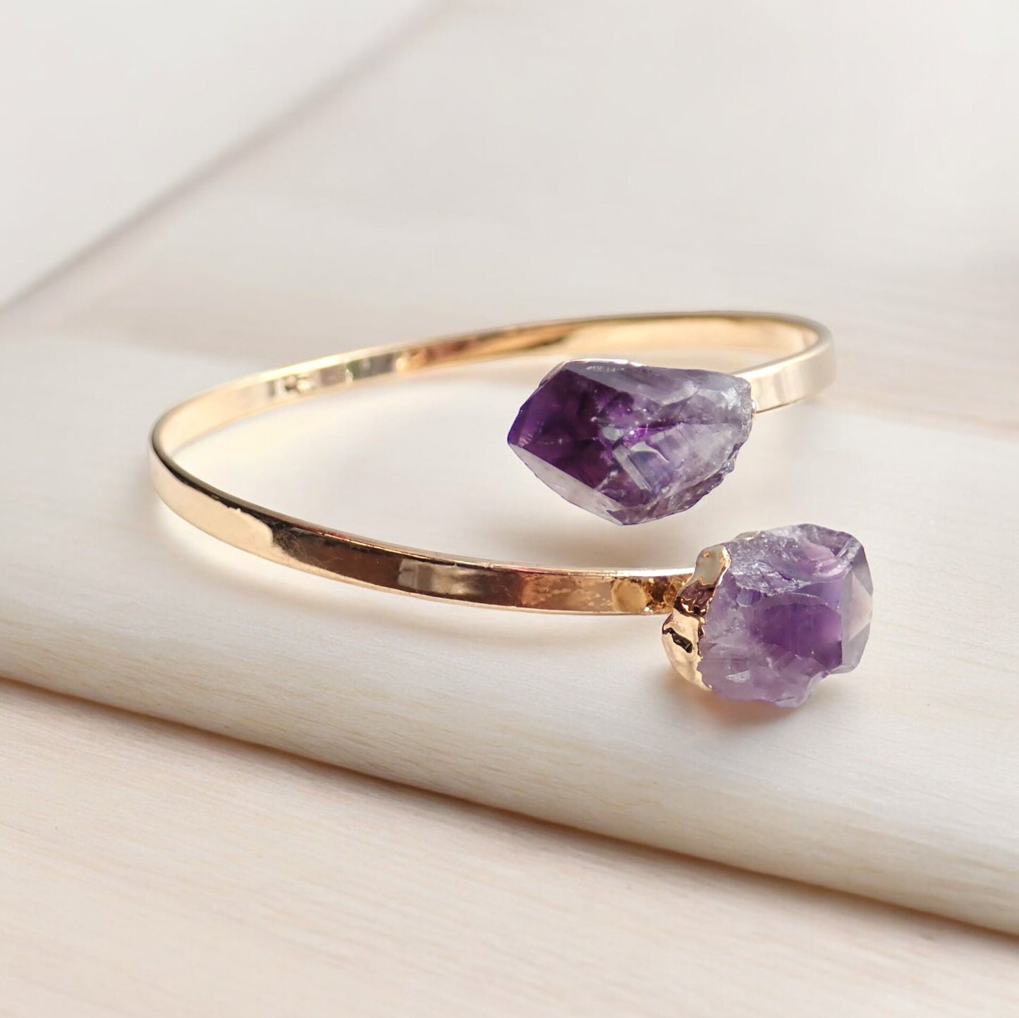 Raw Amethyst Wrap Bracelet – 14k Gold Plated Twist Cuff with Double Crystal Points – February Birthstone Jewelry – Boho Amethyst Bangle