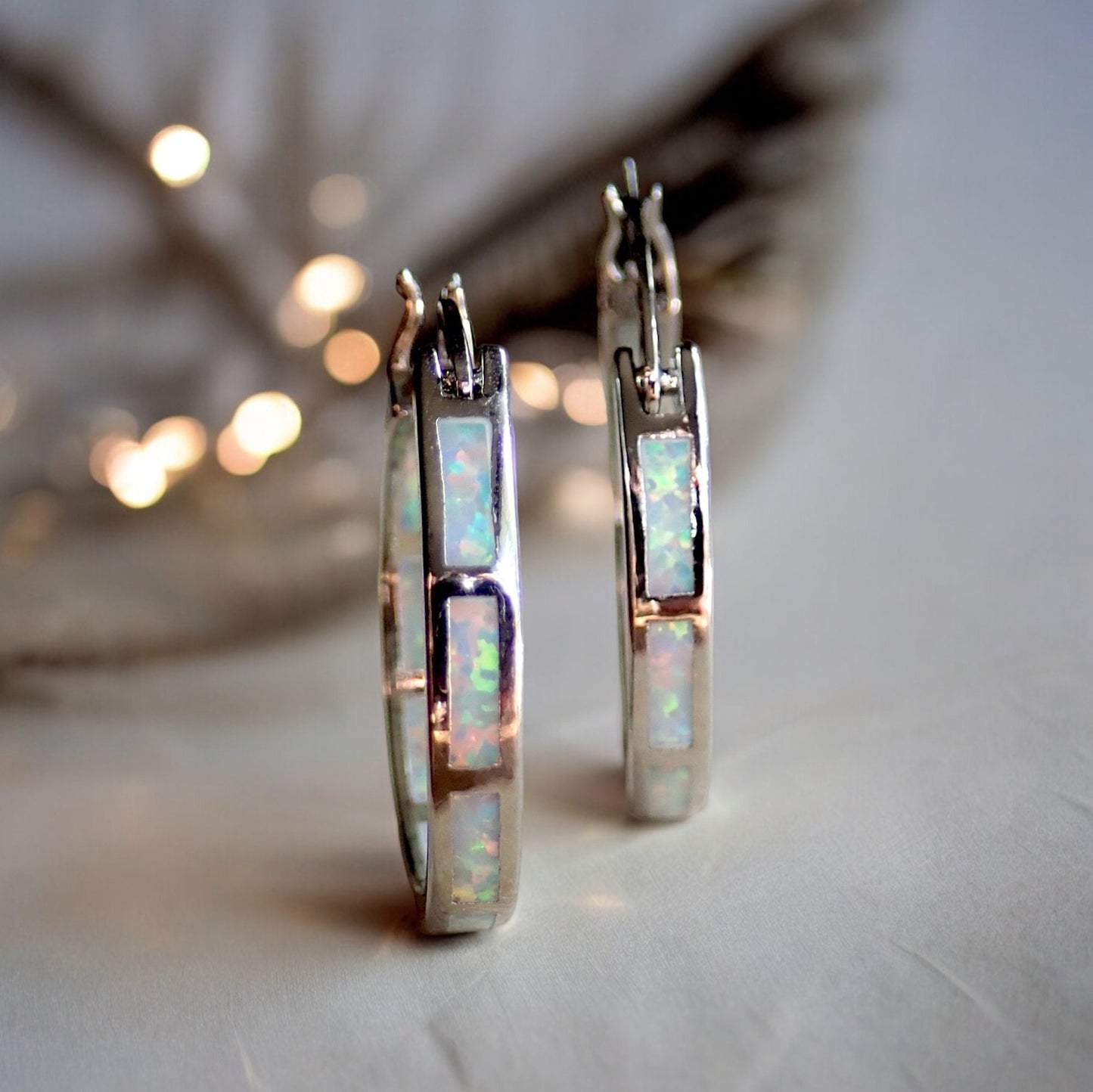 Luxury Opal Inlay Gold Hoop Earrings • 14K Gold Plated Medium Hoops • Elegant Birthstone Jewelry • Dainty October Gift • Fine Minimalist Earrings