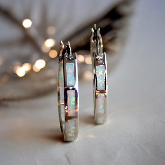 Luxury Opal Inlay Gold Hoop Earrings • 14K Gold Plated Medium Hoops • Elegant Birthstone Jewelry • Dainty October Gift • Fine Minimalist Earrings