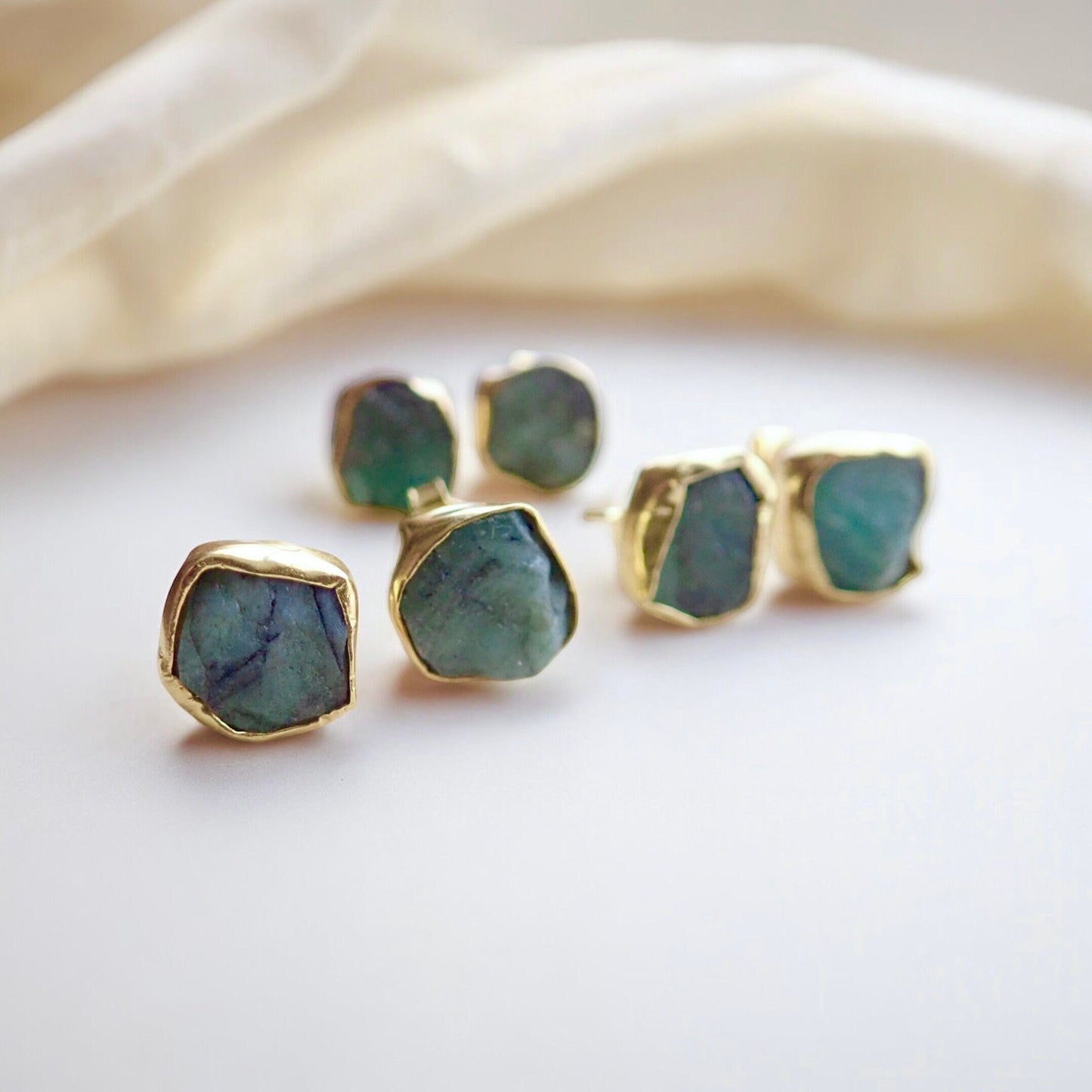 Raw Emerald Stud Earrings | May Birthstone Earrings Her | Gold Vermeil Hypo-Allergenic Gemstone Studs