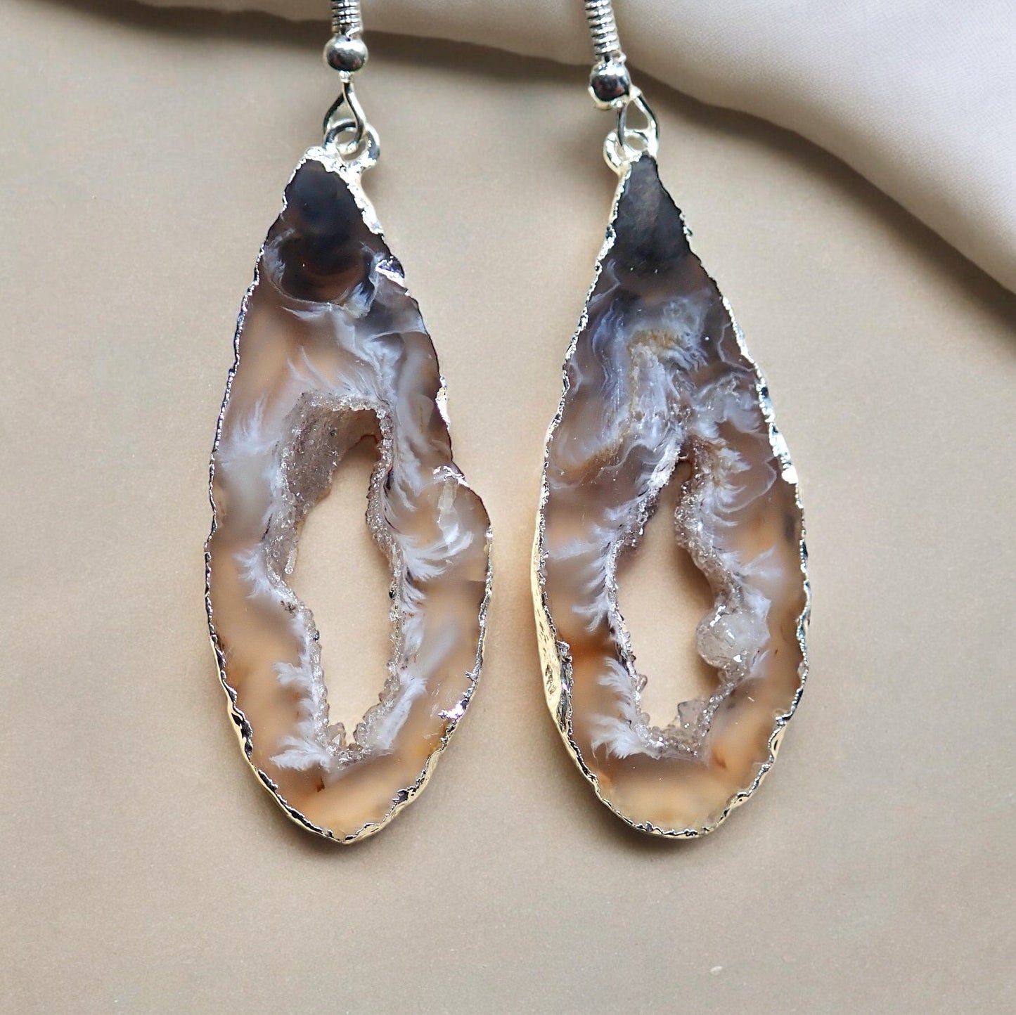 Natural Geode Slice Dangle Earrings – Swirled Druzy Centers Edged in 14k Gold, Statement Crystal Jewelry