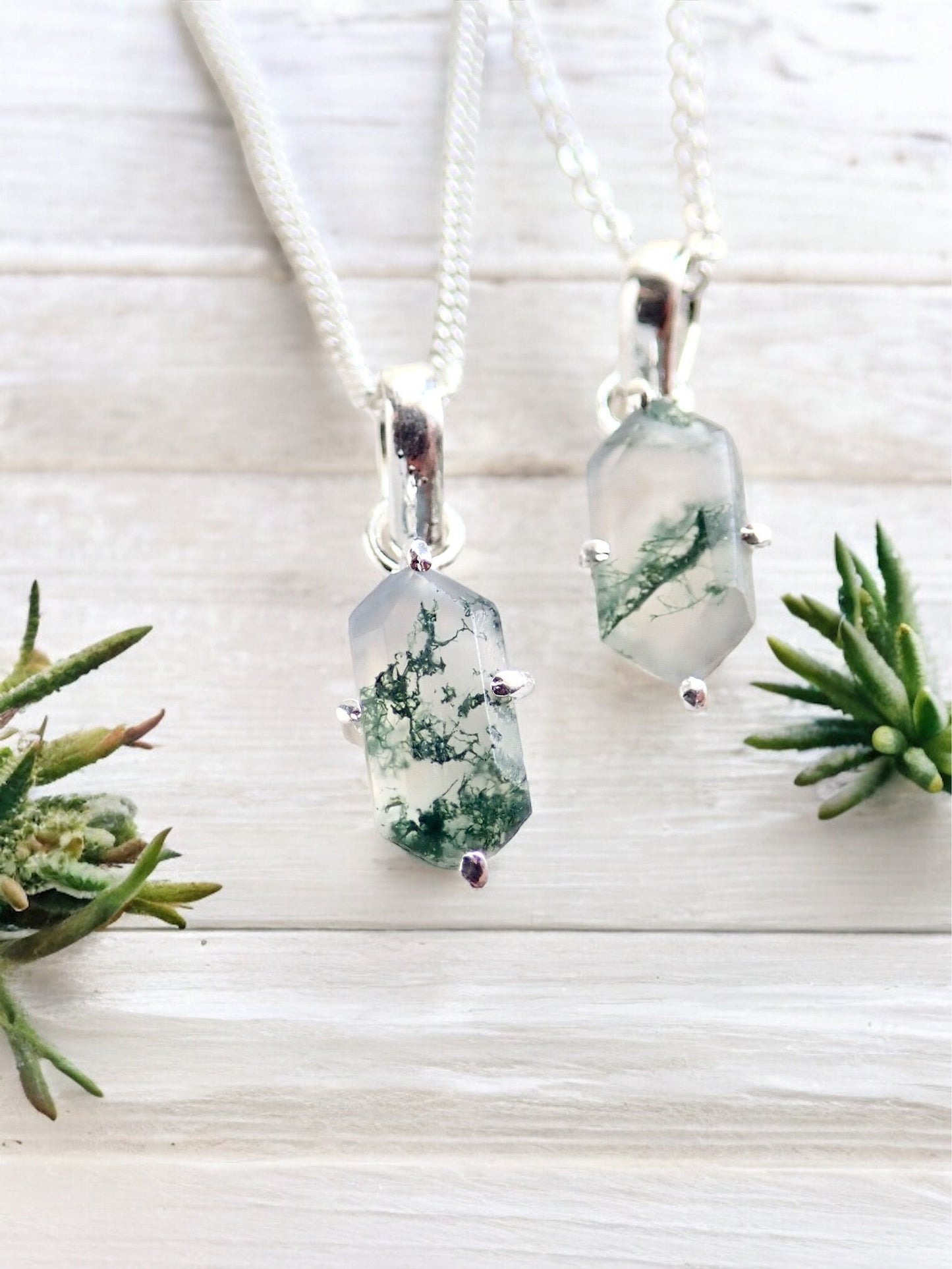Moss Agate Necklace Silver Fill - Dainty Gemstone Necklace - Hexagon Crystal Pendant