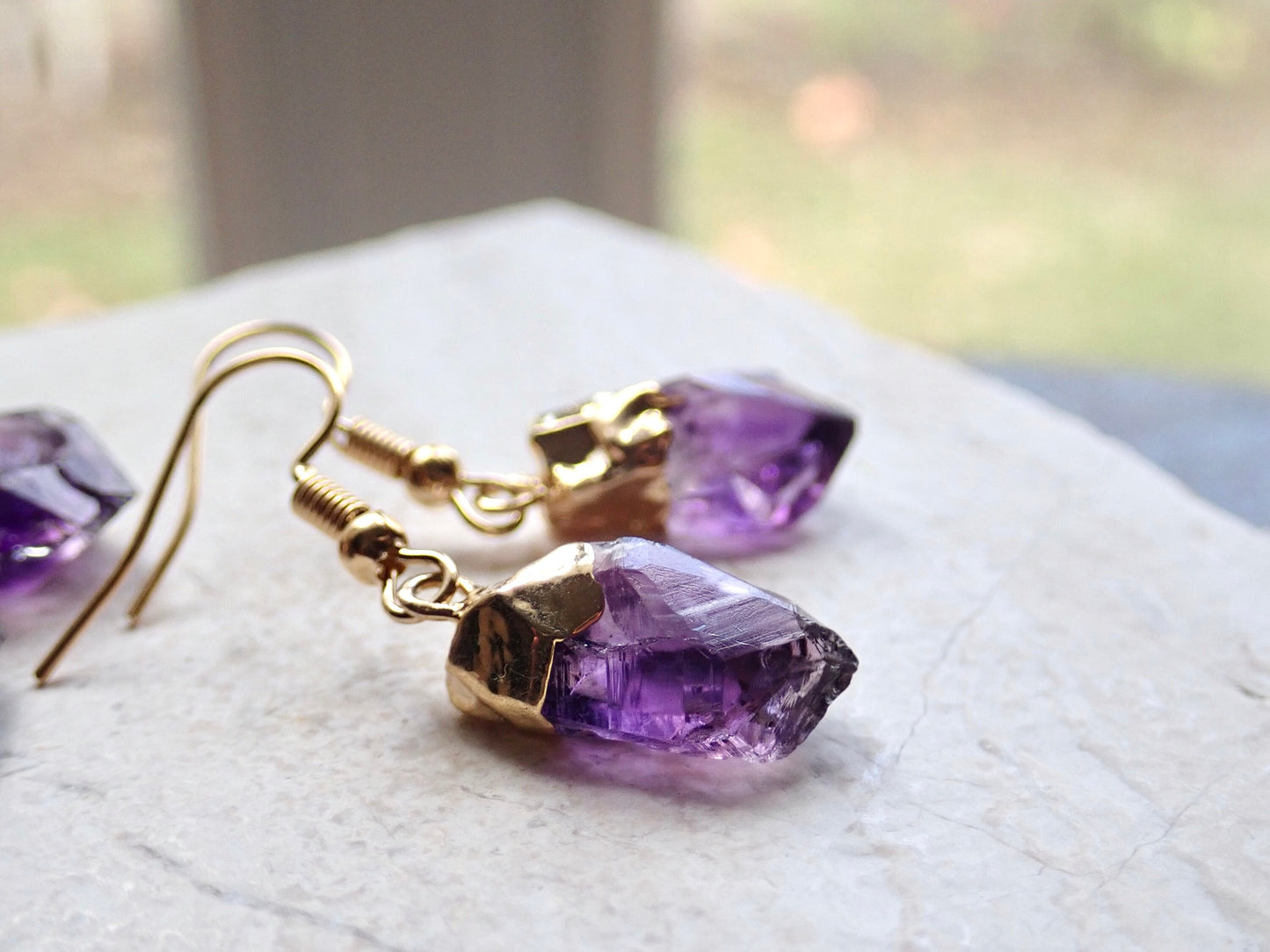 Raw Amethyst Crystal Drop Earrings – Electroplated in 14k Gold or Silver | Unique Brazilian Amethyst