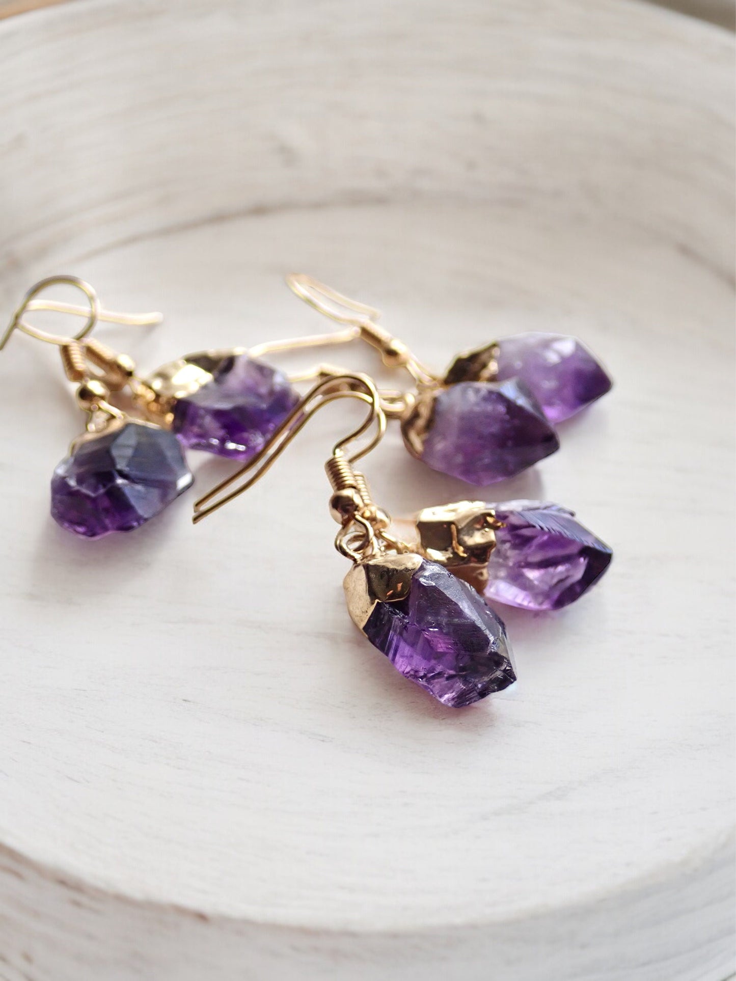 Raw Amethyst Crystal Drop Earrings – Electroplated in 14k Gold or Silver | Unique Brazilian Amethyst