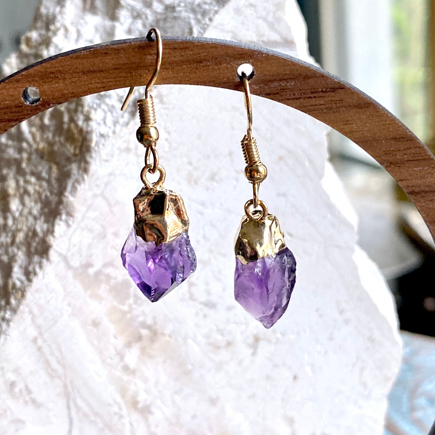 Raw Amethyst Crystal Drop Earrings – Electroplated in 14k Gold or Silver | Unique Brazilian Amethyst