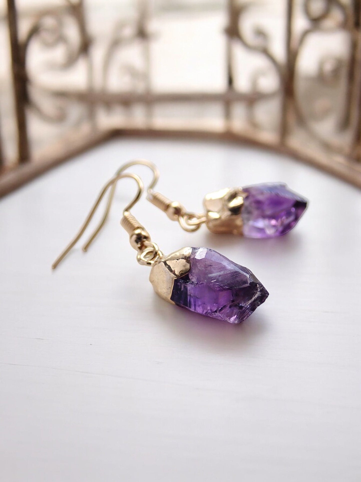 Raw Amethyst Crystal Drop Earrings – Electroplated in 14k Gold or Silver | Unique Brazilian Amethyst
