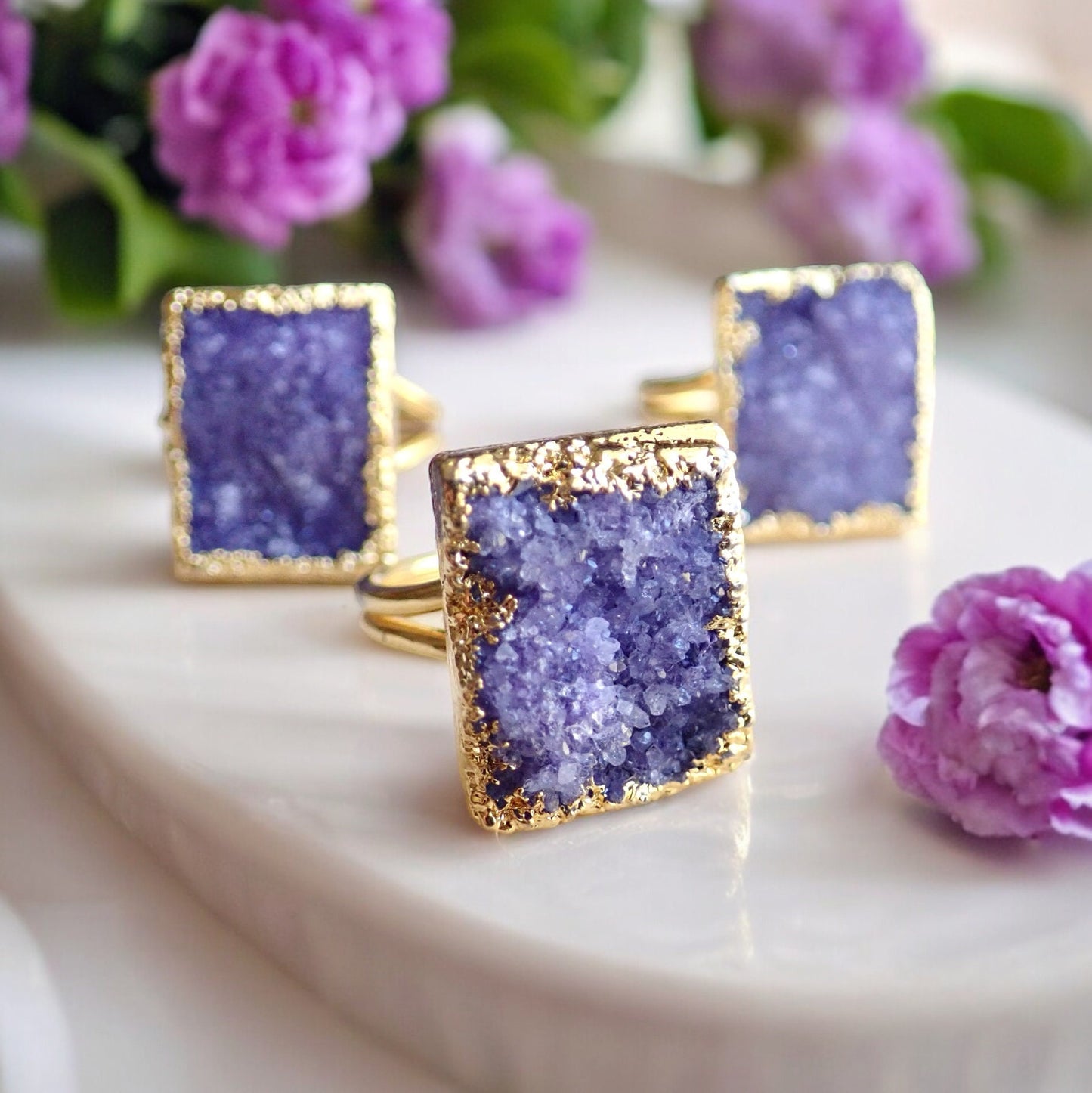 Rectangular Purple Druzy Statement Ring – Electroplated in 14k Gold, Bold & Unique Gemstone Jewelry