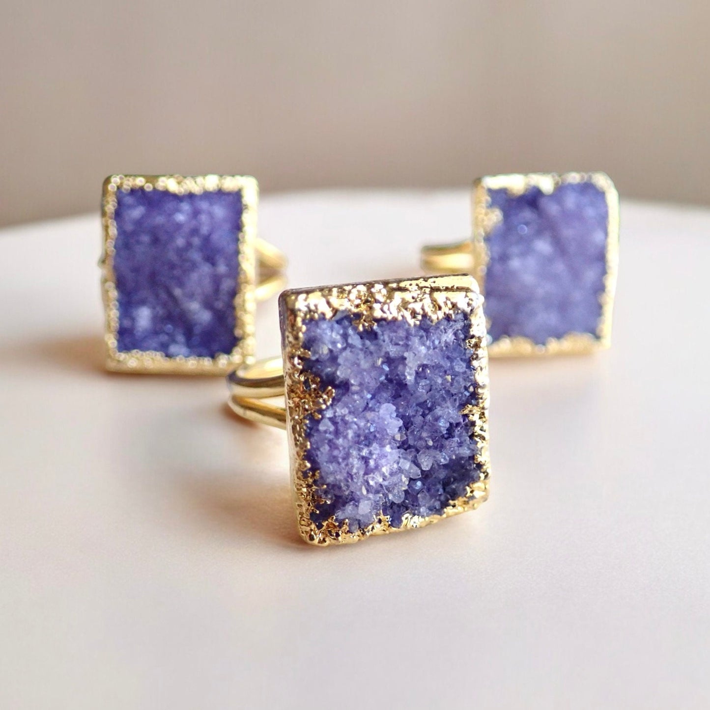 Rectangular Purple Druzy Statement Ring – Electroplated in 14k Gold, Bold & Unique Gemstone Jewelry