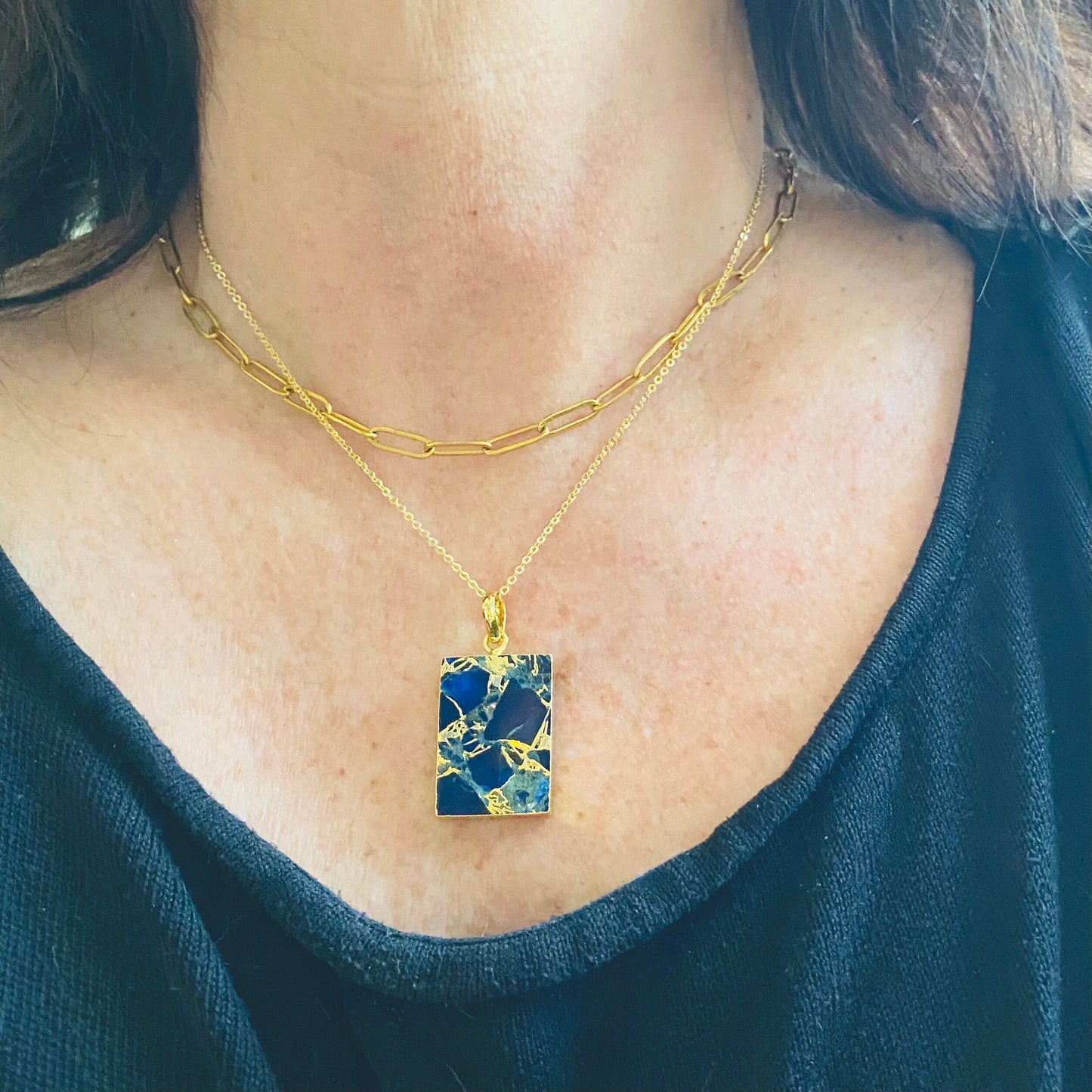 Mojave Turquoise & Sapphire Pendant Necklace – Rectangular Charm on 18k Gold Filled Chain