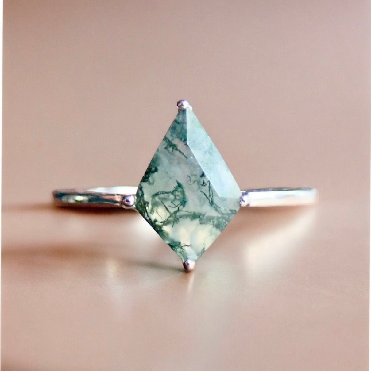 Moss Agate Solitaire Ring Silver - Kite Shaped Gemstone - Engagement Promise Anniversary Ring for Women