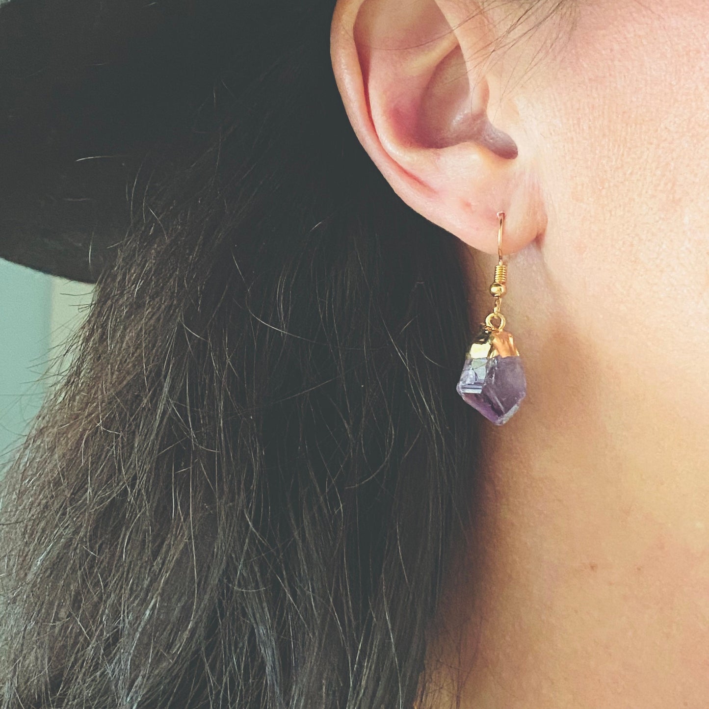 Raw Amethyst Crystal Drop Earrings – Electroplated in 14k Gold or Silver | Unique Brazilian Amethyst