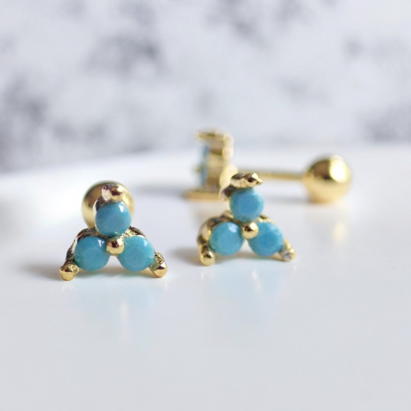 Tiny Turquoise Screw Back Stud Earrings, Small Cartilage Tragus Studs, Hypo allergenic Posts, 925 Sterling Silver 14k Gold Vermeil Gift