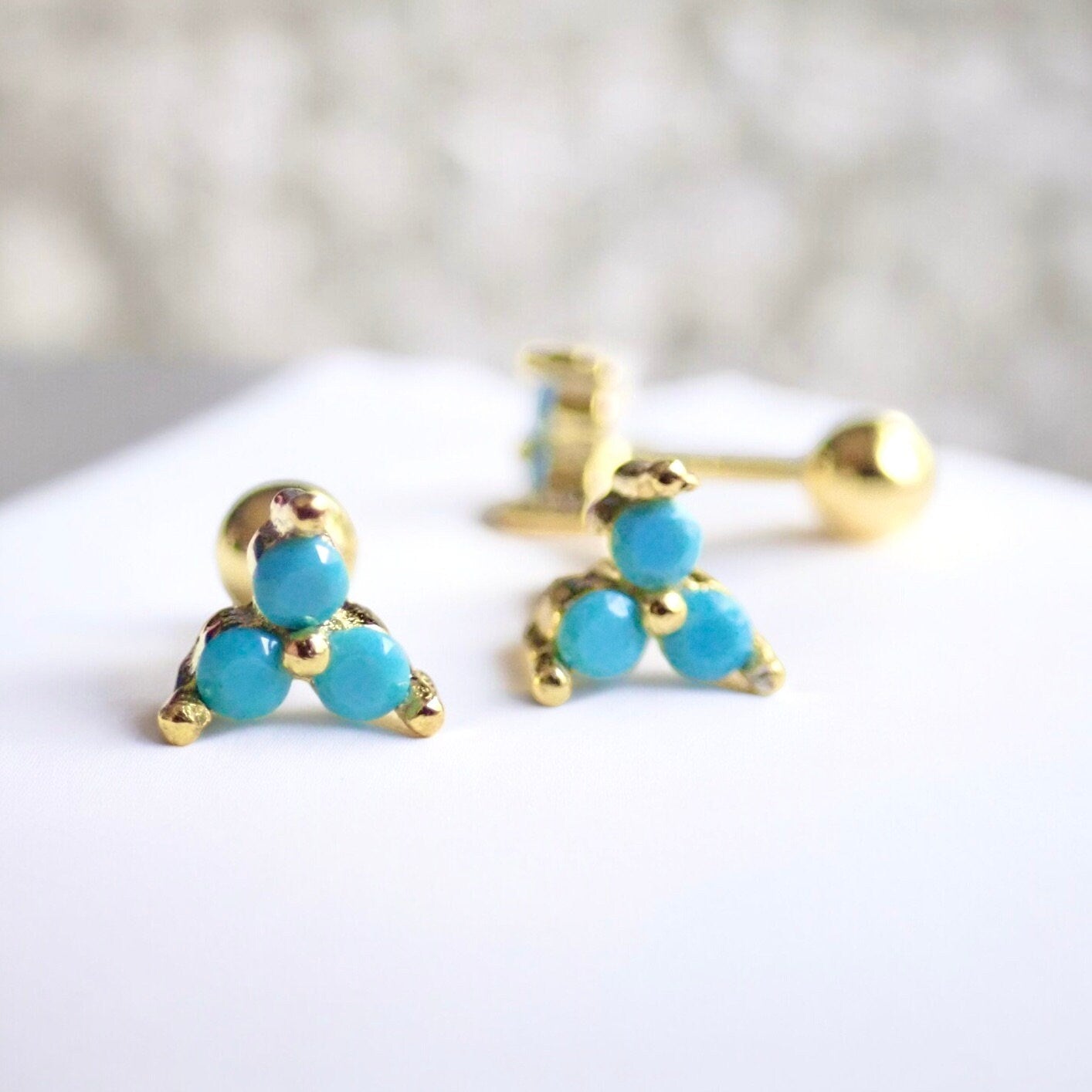 Tiny Turquoise Screw Back Stud Earrings, Small Cartilage Tragus Studs, Hypo allergenic Posts, 925 Sterling Silver 14k Gold Vermeil Gift