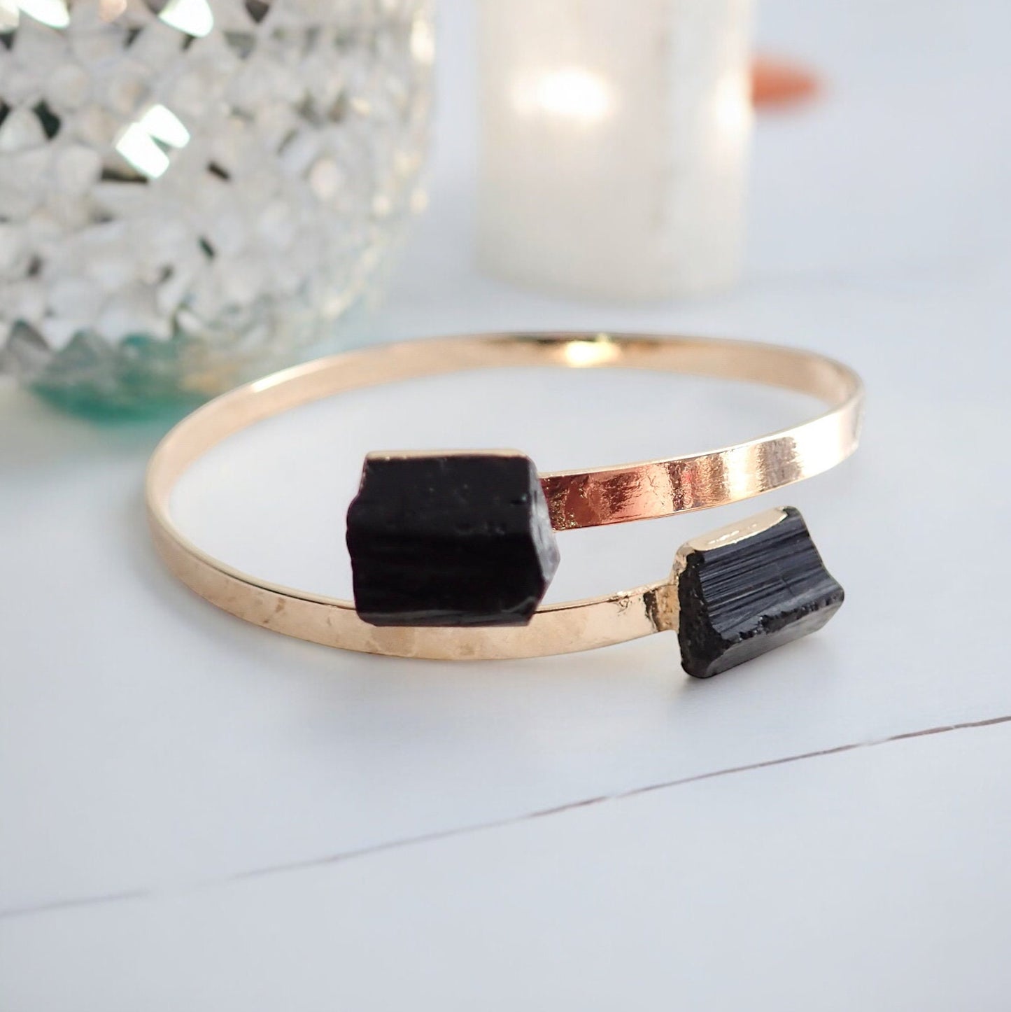 Black Tourmaline Bracelet,Gemstone Open Cuff Gold, Double Two Stone Bracelet, Tourmaline Jewelry,Adjustable Bracelet for Her,Handmade Gift