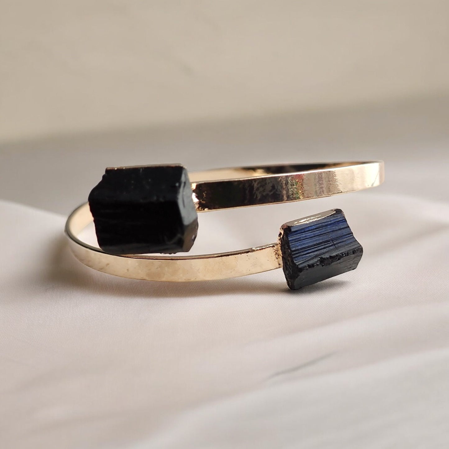 Black Tourmaline Bracelet,Gemstone Open Cuff Gold, Double Two Stone Bracelet, Tourmaline Jewelry,Adjustable Bracelet for Her,Handmade Gift