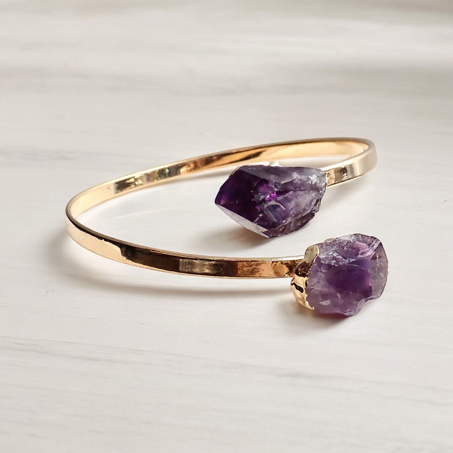 Raw Amethyst Wrap Bracelet – 14k Gold Plated Twist Cuff with Double Crystal Points – February Birthstone Jewelry – Boho Amethyst Bangle