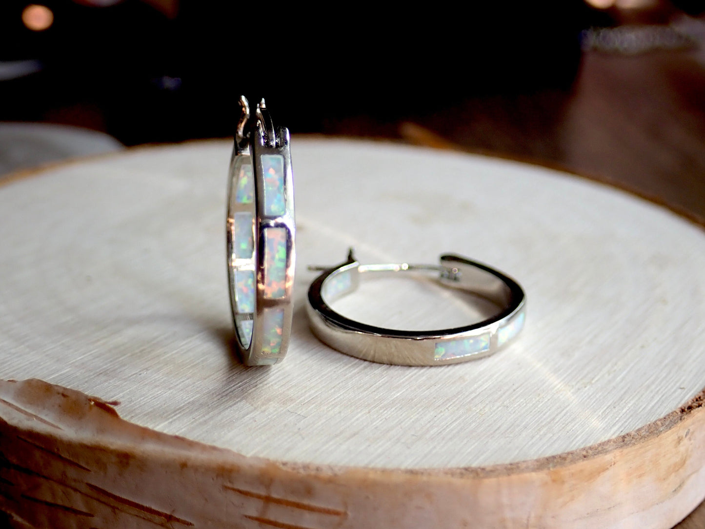 Luxury Opal Inlay Gold Hoop Earrings • 14K Gold Plated Medium Hoops • Elegant Birthstone Jewelry • Dainty October Gift • Fine Minimalist Earrings