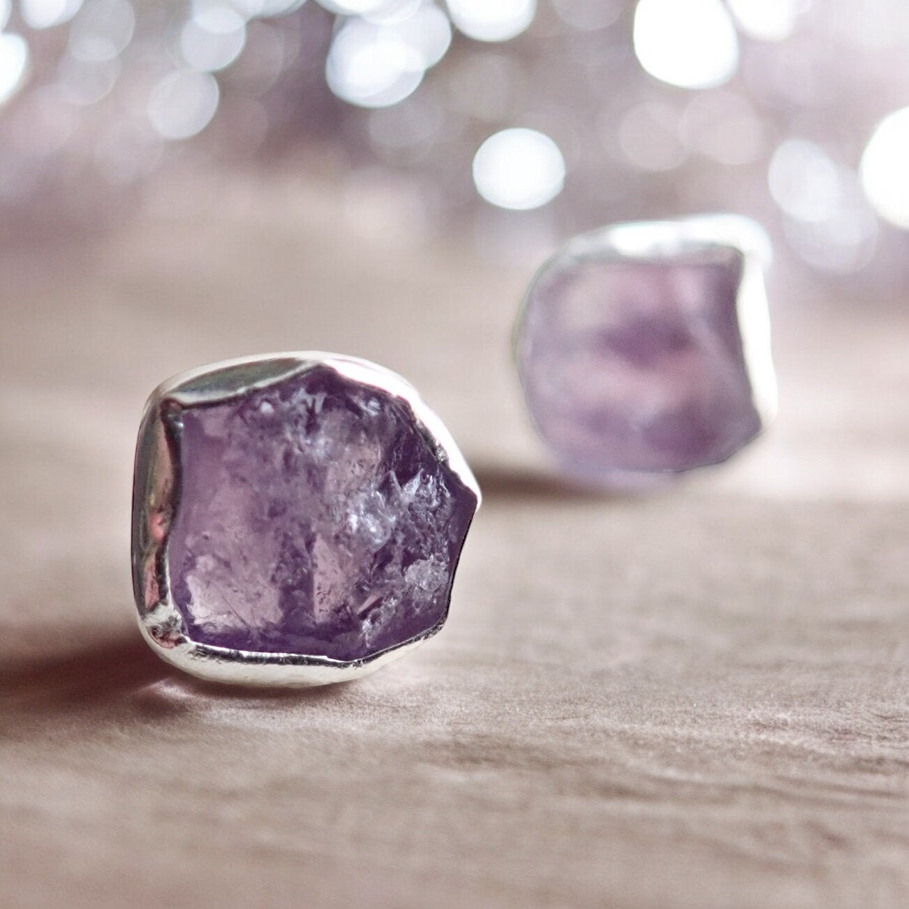 Raw Amethyst Gemstone Earrings – 14k Gold or Sterling Silver Stud Setting - February Birthstone Gift