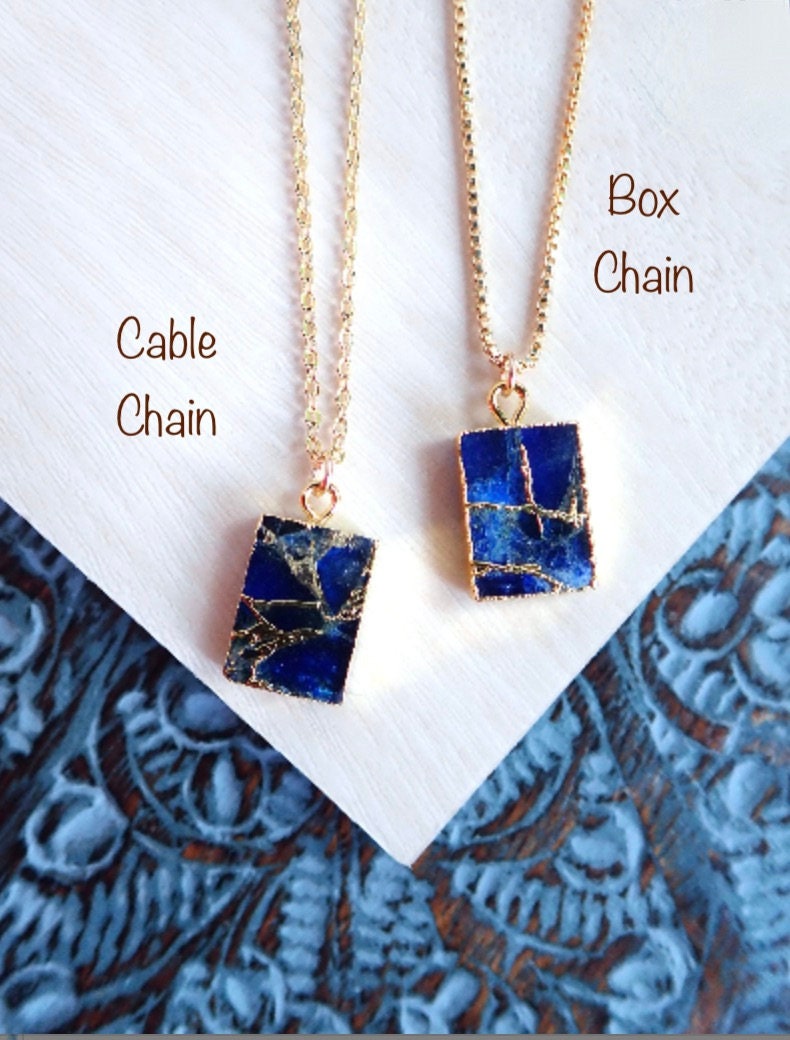 Mojave Turquoise & Sapphire Pendant Necklace – Rectangular Charm on 18k Gold Filled Chain