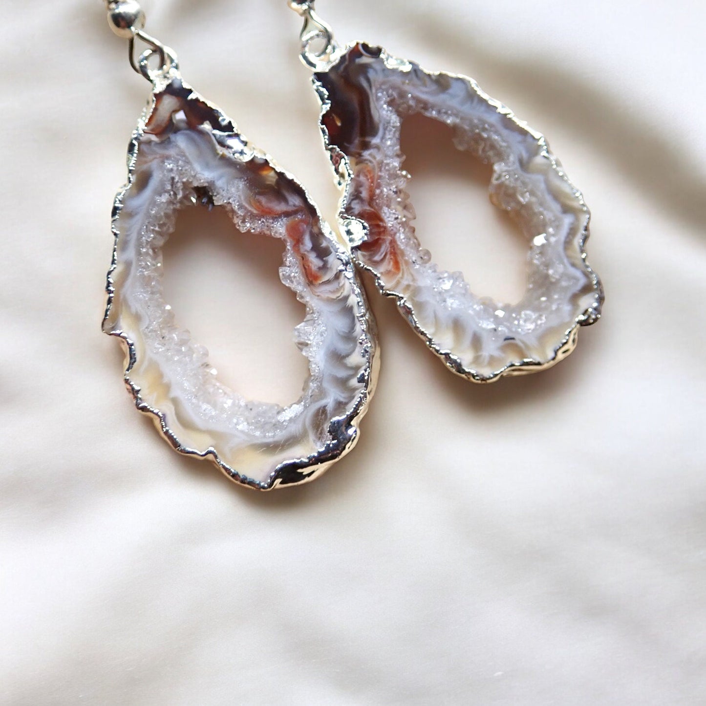 Natural Geode Slice Dangle Earrings – Swirled Druzy Centers Edged in 14k Gold, Statement Crystal Jewelry