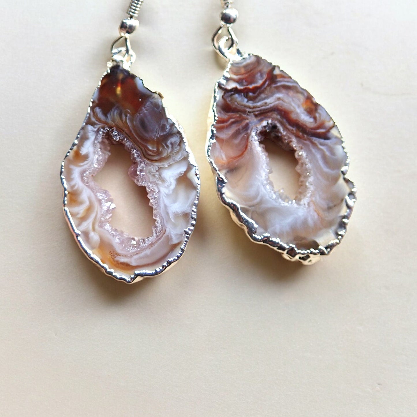 Natural Geode Slice Dangle Earrings – Swirled Druzy Centers Edged in 14k Gold, Statement Crystal Jewelry
