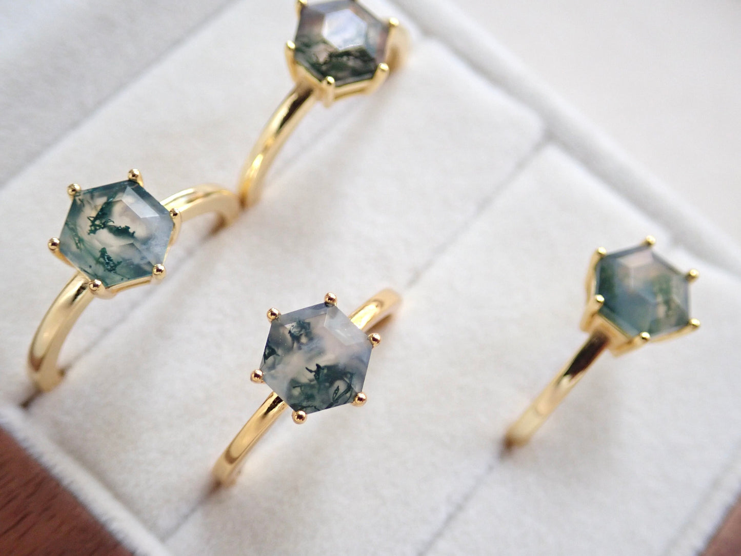 Moss Agate Ring, Hexagon Crystal Ring - Solitaire Gemstone Ring Gold