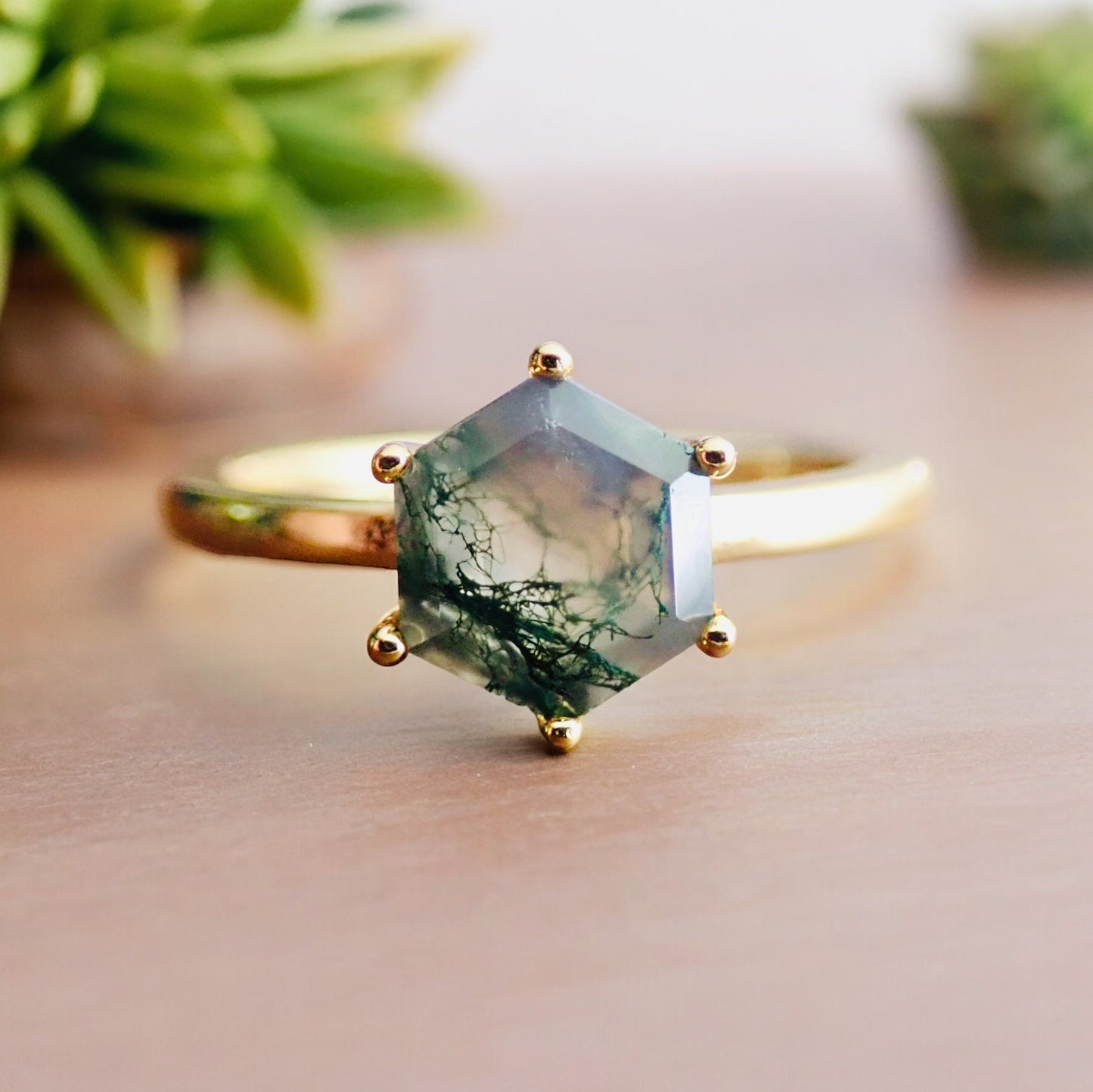 Moss Agate Ring, Hexagon Crystal Ring - Solitaire Gemstone Ring Gold