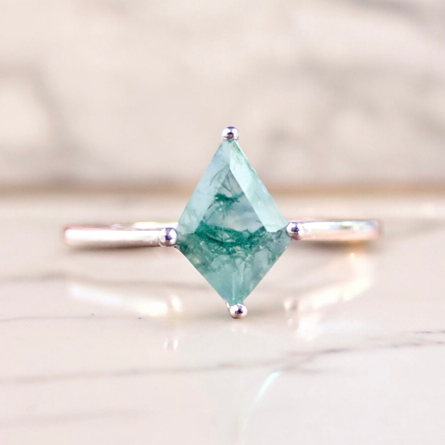 Moss Agate Solitaire Ring Silver - Kite Shaped Gemstone - Engagement Promise Anniversary Ring for Women
