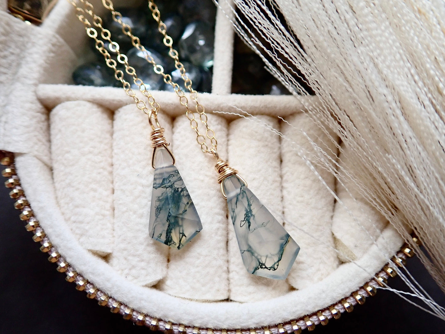 Moss Agate Pendant Necklace - 18 Gold Fill Kite Shaped Gemstone