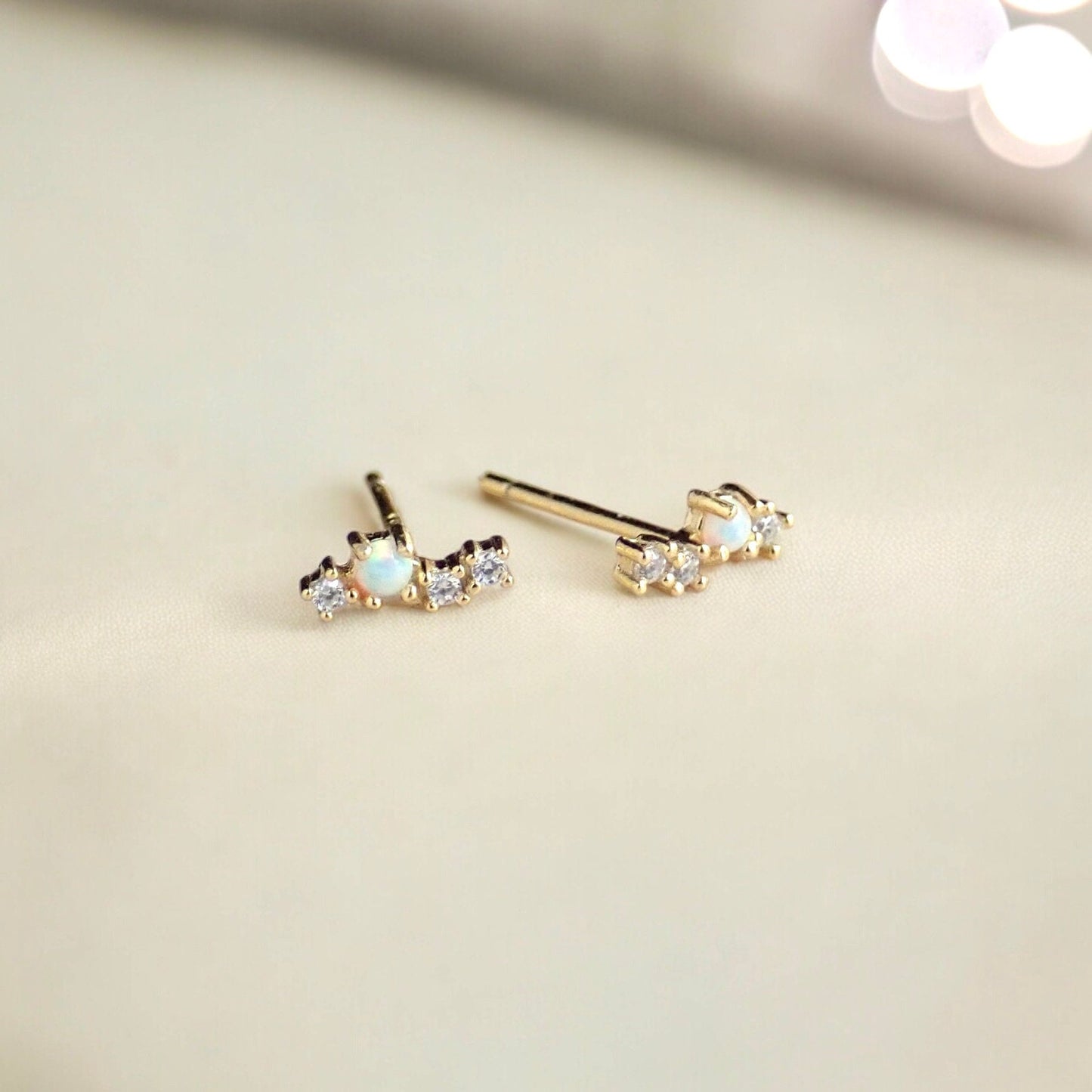 Tiny CZ Opal Climber Stud Earrings – Gold Vermeil Minimalist Ear Crawlers - Stackable Earrings, Hypo-Allergenic October Birthstone Gift