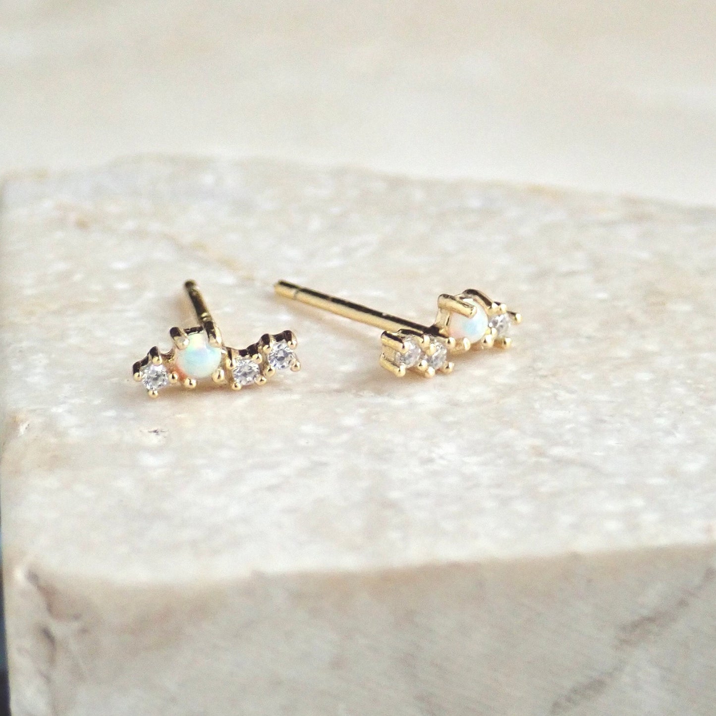 Tiny CZ Opal Climber Stud Earrings – Gold Vermeil Minimalist Ear Crawlers - Stackable Earrings, Hypo-Allergenic October Birthstone Gift