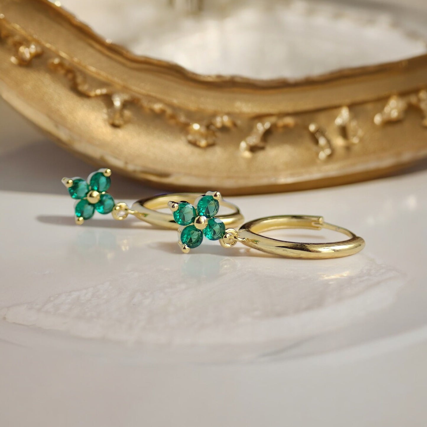 Emerald Green Flower Crystal Huggie Hoops – 14k Gold Vermeil Sterling Silver – Dainty Small Hoop Earrings – May Birthstone Gift for Her