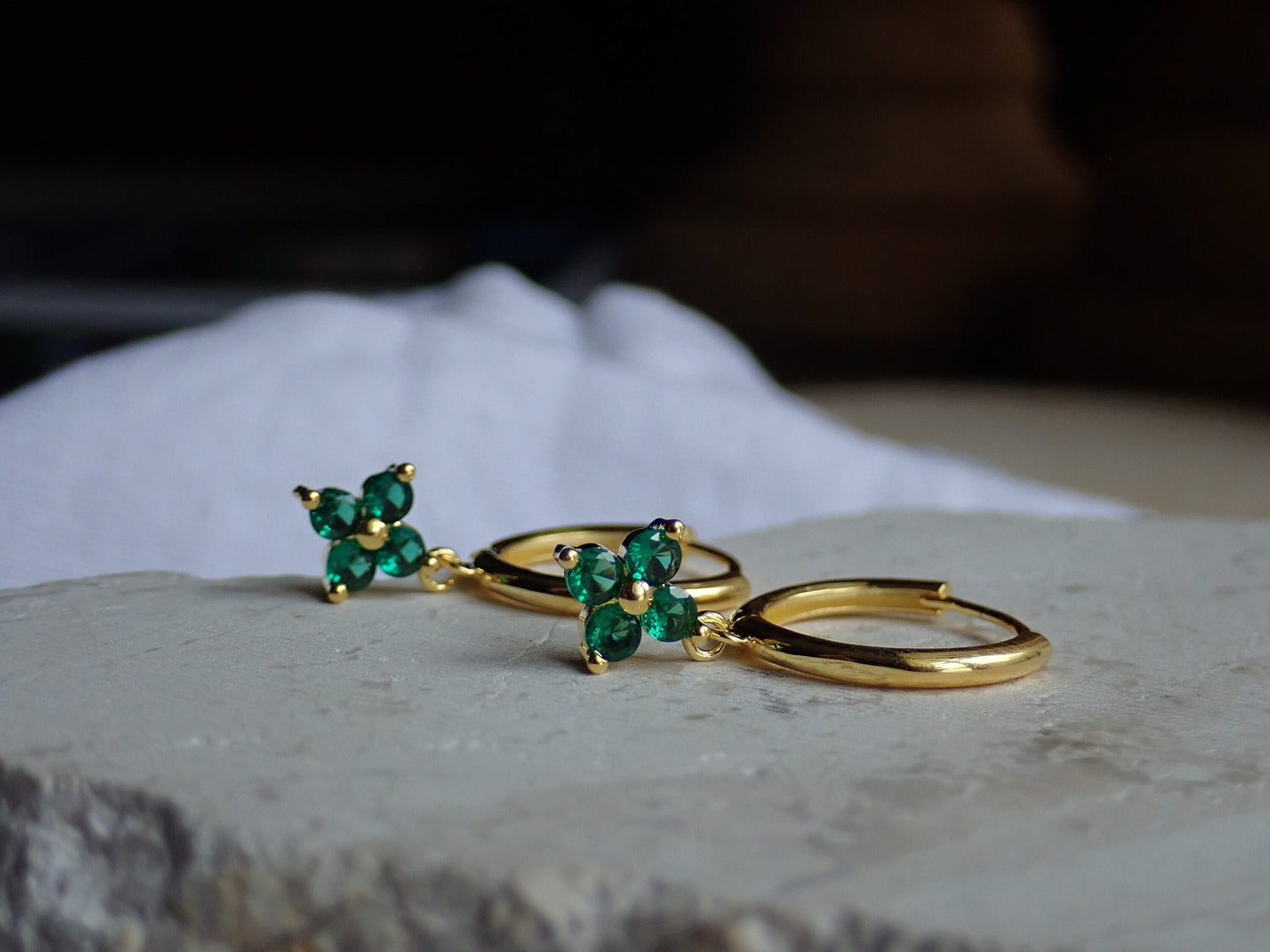 Emerald Green Flower Crystal Huggie Hoops – 14k Gold Vermeil Sterling Silver – Dainty Small Hoop Earrings – May Birthstone Gift for Her