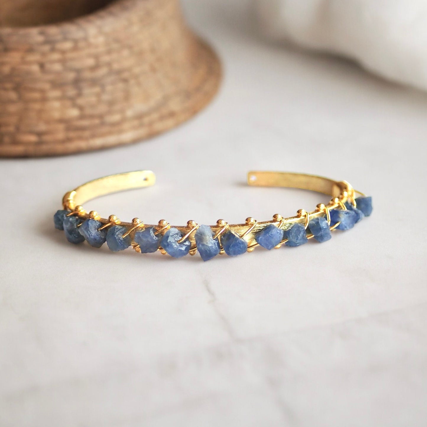 Gold Plated Bangle Bracelet with Raw Sapphires – Wire Wrapped Gemstone Cuff for Women
