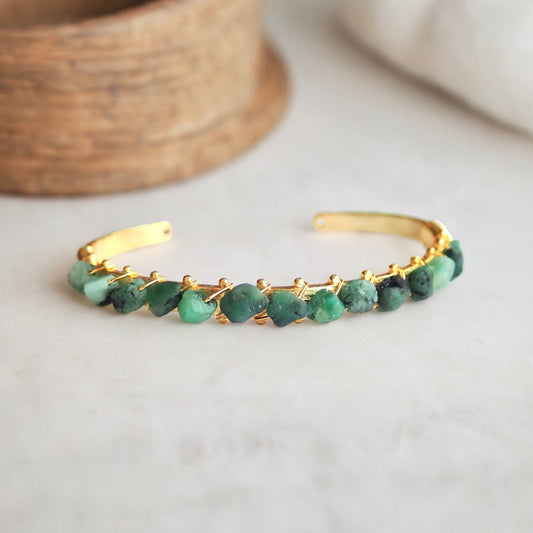 Raw Emerald Cuff Bracelet – 14k Gold Plated with Wire-Wrapped Gemstones