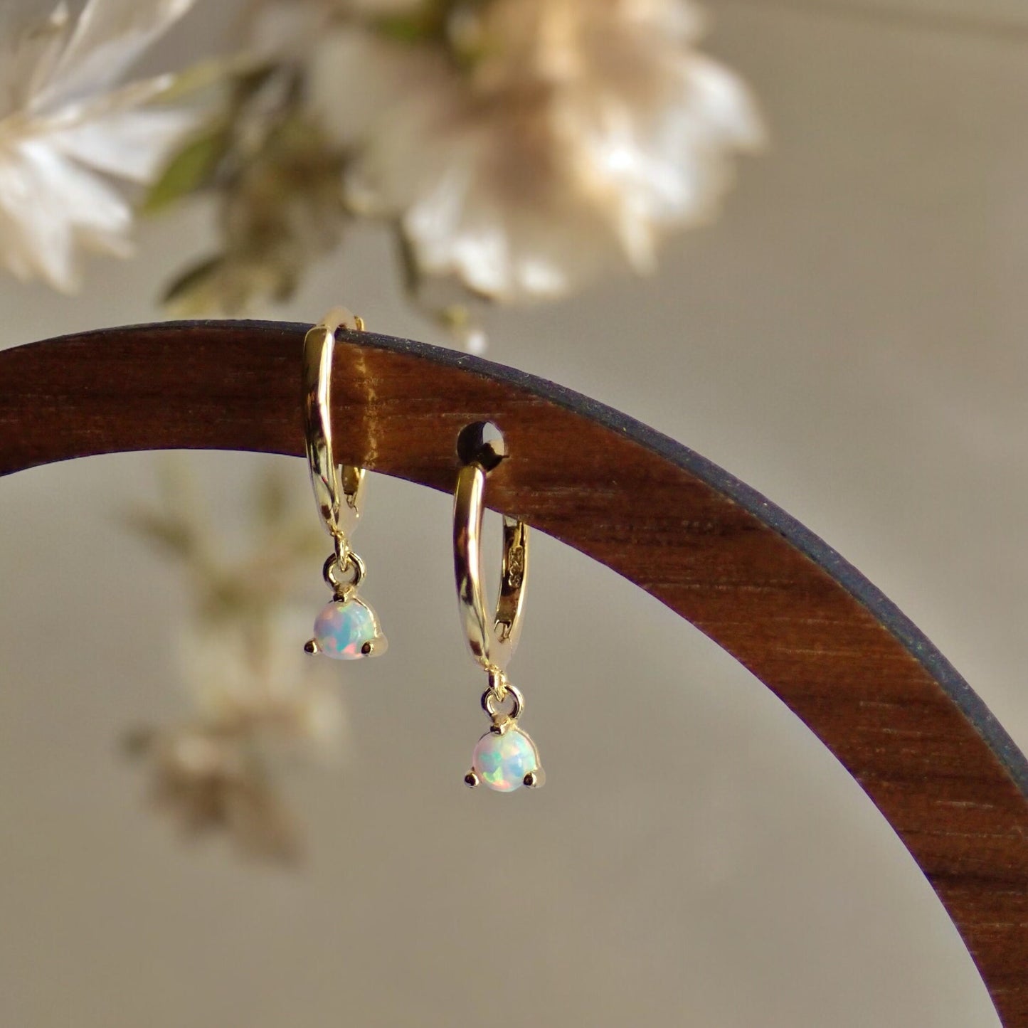 Tiny White Opal Huggie Hoop Earrings - Sterling Silver Opal Charm Dangle Hoops, October Birthstone Gift for Her