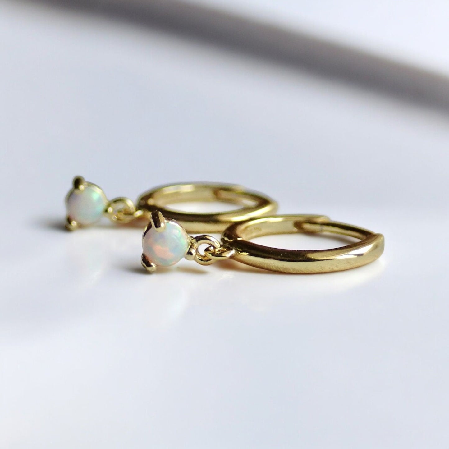 Tiny White Opal Huggie Hoop Earrings - Sterling Silver Opal Charm Dangle Hoops, October Birthstone Gift for Her