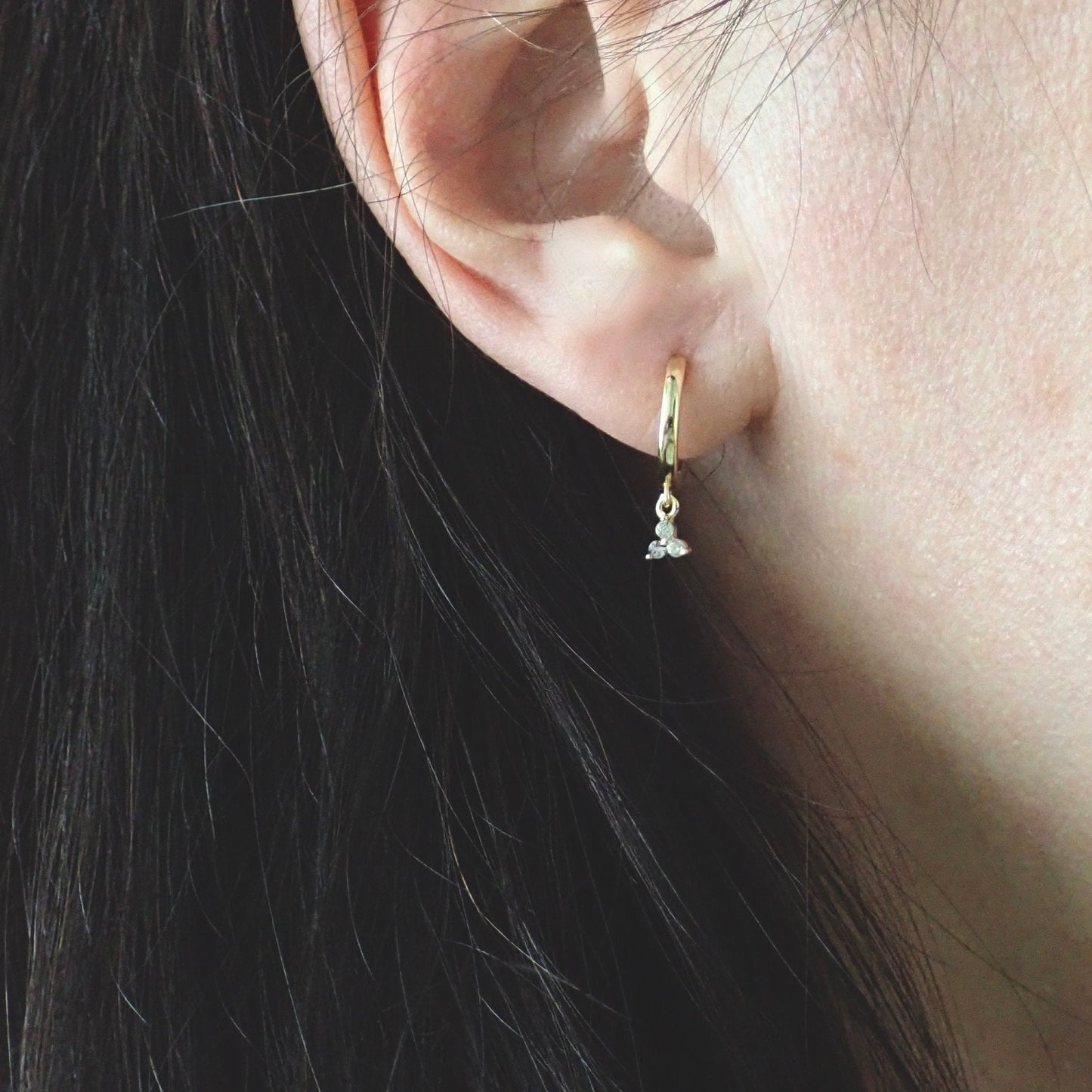 Tiny Huggie Hoop Earrings with Trefoil Crystal Charm – Gold or Sterling Silver