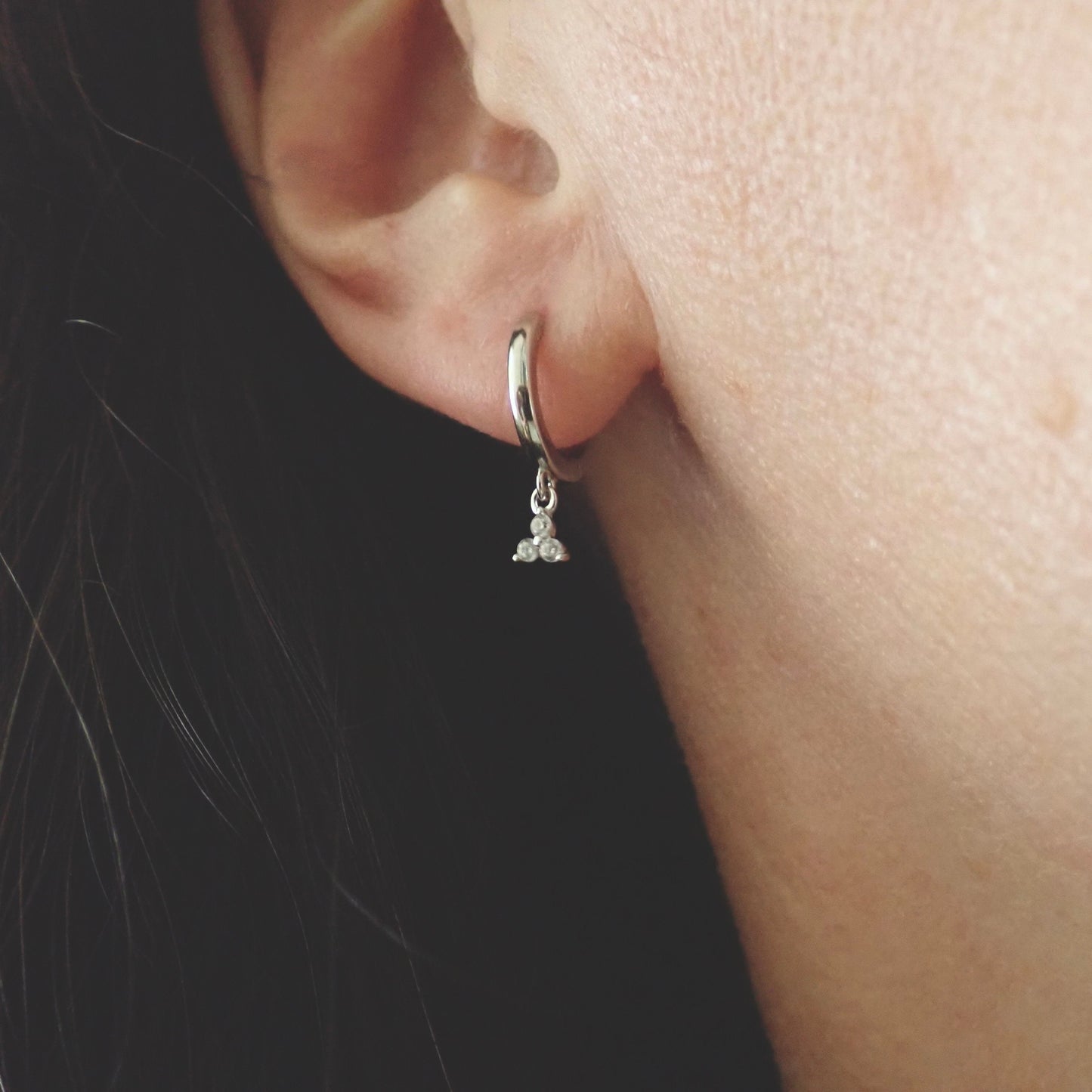 Tiny Huggie Hoop Earrings with Trefoil Crystal Charm – Gold or Sterling Silver