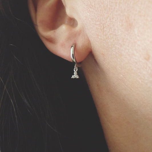 Tiny Huggie Hoop Earrings with Trefoil Crystal Charm – Gold or Sterling Silver